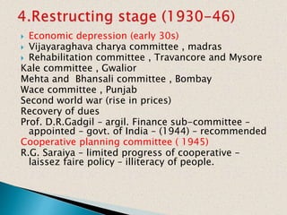  Economic depression (early 30s)
 Vijayaraghava charya committee , madras
 Rehabilitation committee , Travancore and Mysore
Kale committee , Gwalior
Mehta and Bhansali committee , Bombay
Wace committee , Punjab
Second world war (rise in prices)
Recovery of dues
Prof. D.R.Gadgil – argil. Finance sub-committee –
appointed – govt. of India – (1944) – recommended
Cooperative planning committee ( 1945)
R.G. Saraiya – limited progress of cooperative –
laissez faire policy – illiteracy of people.
 
