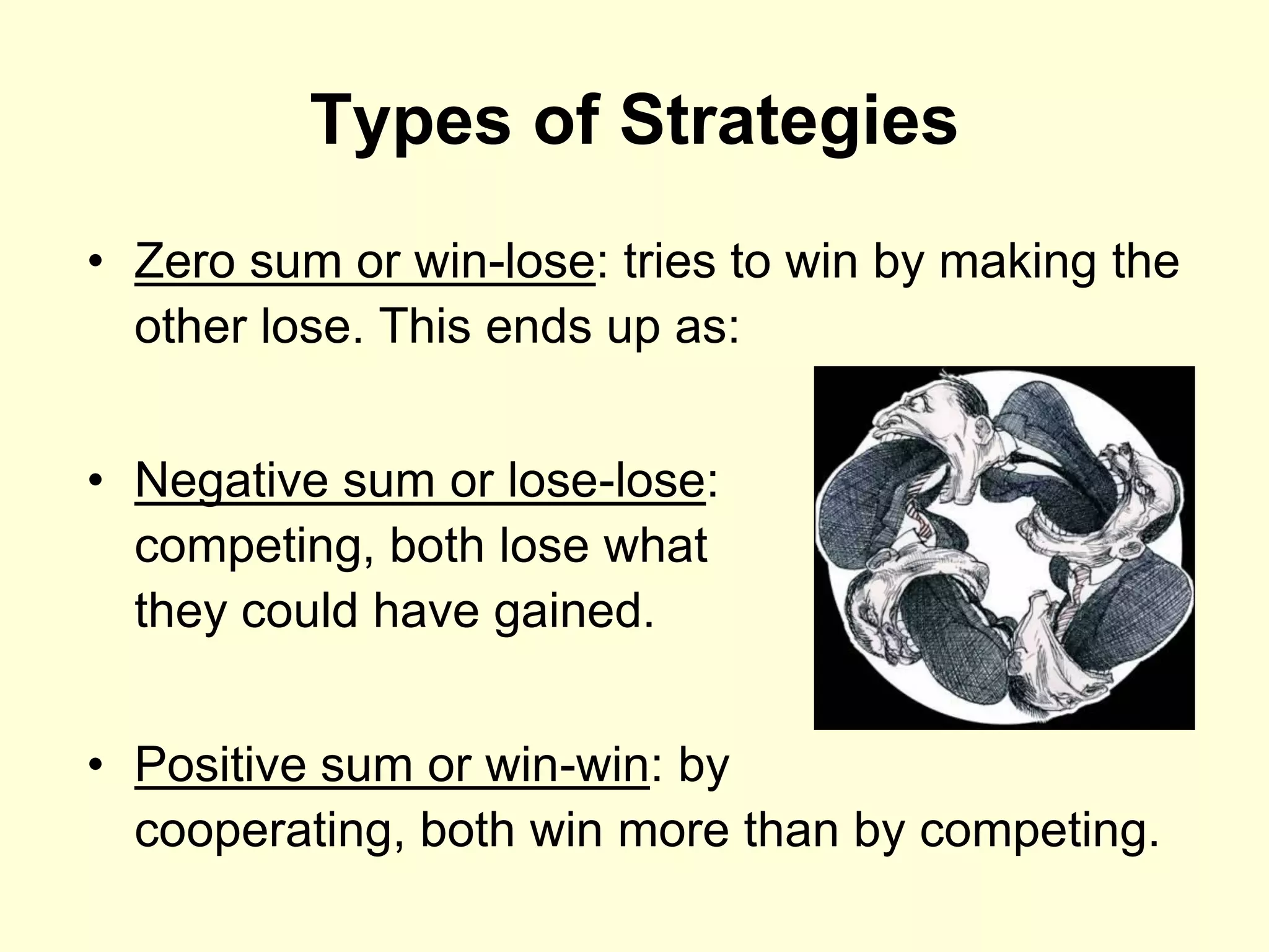 Types of Strategies
• Zero sum or win-lose: tries to win by making the
  other lose. This ends up as:


• Negative sum or lose-lose:                by
  competing, both lose what
  they could have gained.


• Positive sum or win-win: by
  cooperating, both win more than by competing.
 