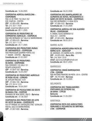 COOPERATIVAS DA BAHIA
..........................................................................................................
10
Constituída em: 16.06.2005
COOPERATIVA AGRÍCOLA BARCELONA -
COOPERBARC
RUA 26 DE MAIO 156 SALA 302
EDF. CHAPLIN - CENTRO
CEP - 47.805-­090 - Barreiras
Tel: (77) 3611 7474
email: cooperbarc@uol.com.br
Constituída em: 08.11.2005
COOPERATIVA DE PRODUTORES DE
COMMODITIES AGRÍCOLAS - COOPERCAS
RUA SÃO BERNADO 567 SALA 02 BARREIRINHAS
CEP - 47.806-­020 - Barreiras
Tel: (77) 3611 ­1175
Constituída em: 28.11.2005
COOPERATIVA DOS PRODUTORES RURAIS
DE SANTANÓPOLIS - COOPROSAN
RUA PROFESSOR GUIOMAR PORTO 292
1° ANDAR - CENTRO - Barreiras
Constituída em: 01.02.2007
COOPERATIVA DE PRODUTORES
DA BAHIA - COOPERABA
RUA ITAMARATI 726 SALA 101
RENATO GONÇALVES
CEP - 47.804-­160 - Barreiras
Constituída em: 16.04.2007
COOPERATIVA DE PRODUTORES AGRÍCOLAS
DE RODA VELHA - COPAGRO
AV. AHYLON MACEDO 1039
CEP - 47.806-­180 - Barreiras
Tel: (77) 3614 ­1319
Constituída em: 18.04.2007
COOPERATIVA DE PISCICULTORES DO OESTE
DA BAHIA LTDA - COOPEIXE
POVOADO DE BOA SORTE, RUA D - Barreiras
Constituída em: 01.08.2007
COOPERATIVA DOS PRODUTORES DE LEITE
DO OESTE DA BAHIA - COOPERLEITE
ALA EP PARQUE DE EXPOSIÇÕES ENG° GERALDO
ROCHA, SALA 05 BARREIRINHAS
CEP - 47.807-­000 - Barreiras
Constituída em: 06.03.2008
COOPERATIVA DOS MANIPULADORES DE
ALIMENTOS DE HOTÉIS, RESTAURANTES E
BARES DO OESTE DA BAHIA - COOPERGAS
RUA SÃO BERNARDO 519 BOA VISTA
CEP - 47.806-­020 - Barreiras
Constituída em: 31.03.2009
COOPERATIVA AGRÍCOLA DE SOJA ALGODÃO
MILHO - ­COOPERASAM
R. ANIBAL ALVES BARBOSA 92
SALA 201 - CENTRO
CEP - 47.803-­090 - Barreiras
Constituída em: 08.03.2012
BARRO ALTO
COOPERATIVA AGROPECUÁRIA MISTA DE
BARRO ALTO - AGROCOOP
AV. ANDRADE 295 BARRO ALTO - CENTRO
CEP - 44.895-000­- Barro Alto
Tel: (74) 3641 2570
email: agrocoop.balto@hotmail.com
Constituída em: 08.01.2004
BARROCAS
COOPERATIVA CIDADÃ BARROQUENSE
LTDA - COOCIBA
RUA ANTÔNIO PINHEIRO DA MOTA 109 A - CENTRO
CEP - 48.705-­000 - Barrocas
Constituída em: 28.10.2009
BELMONTE
COOPERATIVA DOS TRABALHADORES
PORTUÁRIOS DO EXTREMO SUL
DA BAHIA - CTPESB
Belmonte
Constituída em: 31.05.2001
BIRITINGA
COOPERATIVA MISTA DOS AGRICULTORES
FAMILIARES E PECUARISTAS DE BIRITINGA
LTDA - COOMAPEBI
 
