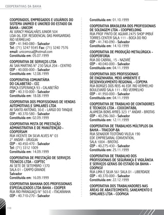 COOPERATIVAS DA BAHIA
..........................................................................................................
110
COOPERADOS, EMPREGADOS E USUÁRIOS DO
SISTEMA UNIMED E UNICRED DO ESTADO DA
BAHIA - UNICOM
AV. JURACY MAGALHÃES JUNIOR 504
LOJA 06, EDF. RESIDENCIAL DAS MARGARIDAS
RIO VERMELHO
CEP - 41.940-­080 - Salvador
Tel: (71) 3247 9345 Fax: (71) 3240 7576
email: unicomssa@hotmail.com
Constituída em: 05.07.1999
COOPERATIVA DE SERVIÇOS LTDA
AV. SAN MARTINS N° 230 SALA 204 - CENTRO
CEP - 40.000-­000 - Salvador
Constituída em: 12.08.1999
COOPERATIVA COMUNITÁRIA
DO CALABETÃO - CCC
PRAÇA ESPERANÇA 93 - CALABETÃO
CEP - 40.310-­000 - Salvador
Constituída em: 18.08.1999
COOPERATIVA DOS PROFISSIONAIS DE VENDAS
AUTOMOTIVAS E SIMILARES LTDA
AV SANTO ANTÔNIO, 30-­E - LARGO DO TANQUE
CEP - 40.370-­580 - Salvador
Constituída em: 02.09.1999
COOPERATIVA MISTA DE PRESTAÇÃO
ADMINISTRATIVA E DE MANUTENÇÃO -
COOPERSAM
RUA VICENTE DA SILVA ALVES N° 03
2° ANDAR - URUGUAI
CEP - 40.450-­470 - Salvador
Tel: (71) 3312 1009
Constituída em: 14.09.1999
COOPERATIVA DE PRESTAÇÃO DE SERVIÇOS
TÉCNICOS LTDA - COPTEC
AV. SETE DE SETEMBRO 1370
SALA 01 - CAMPO GRANDE
Salvador
Constituída em: 16.09.1999
COOPERATIVA BAHIANA DOS PROFISSIONAIS
ESPECIALIZADOS LTDA BAHIA - COOPER
RUA RIO PARAGUAÇU N° 503-­E - ITACARANHA
CEP - 40.710-­270 - Salvador
Constituída em: 01.10.1999
COOPERATIVA BRASILEIRA DOS PROFISSIONAIS
DE SOLDAGEM LTDA - COOPWELDING
RUA PROF PINTO DE AGUIAR 2475 SHOP IMBUÍ
TORRES CENTER SALA 111 - BOCA DO RIO
CEP - 41.740-­090 - Salvador
Constituída em: 14.10.1999
COOPERATIVA DE PRODUÇÃO METALÚRGICA -
COOPERFORJA
RUA DO CABRAL, 15 - NAZARÉ
CEP - 40.040-000 - Salvador
Constituída em: 04.11.1999
COOPERATIVA DOS PROFISSIONAIS
DE ENGENHARIA, MEIO AMBIENTE E
DESENVOLVIMENTO REGIONAL - COPEMA
RUA BORGES DOS REIS 46 EDF. RIO VERMELHO
BOULEVARD SALA 111 - RIO VERMELHO
CEP - 41.950-­000 - Salvador
Constituída em: 04.11.1999
COOPERATIVA DE TRABALHO DE CONTADORES
E TÉCNICOS LTDA - COOCONTÁBIL
ALAMEDA BONS AYRES 323 1° ANDAR - BROTAS
CEP - 40.296-­360 - Salvador
Constituída em: 12.11.1999
COOPERATIVA DE TRABALHOS MÚLTIPLOS DA
BAHIA - TRACOOP-­BA
RUA SENADOR TEOTÔNIO VILELA 190
EDF. EMPRESARIAL CONVENTION,
SALA 1004 - BROTAS
CEP - 40.275-­430 - Salvador
Constituída em: 25.11.1999
COOPERATIVA DE TRABALHO DOS
PROFISSIONAIS DE SEGURANÇA E VIGILÂNCIA
E SERVIÇOS GERAIS DO ESTADO DA BAHIA -
COOPASV
RUA LIMA E SILVA 561 SALA 01 - LIBERDADE
CEP - 40.370-­000 - Salvador
Constituída em: 22.12.1999
COOPERATIVA DOS TRABALHADORES NAS
ÁREAS DE ABASTECIMENTO, SANEAMENTO E
SIMILARES LTDA - COOPASA
 