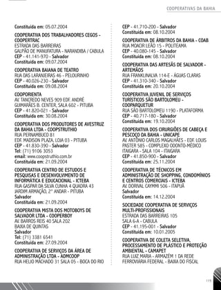 COOPERATIVAS DA BAHIA
..........................................................................................................
119
Constituída em: 05.07.2004
COOPERATIVA DOS TRABALHADORES CEGOS -
COOPERTRAC
ESTRADA DAS BARREIRAS
GALPÃO DE MANUFATURA - NARANDIBA / CABULA
CEP - 41.141-­970 - Salvador
Constituída em: 09.07.2004
COOPERATIVA BAIANA DE TEATRO
RUA DAS LARANJEIRAS 46 - PELOURINHO
CEP - 40.026-­230 - Salvador
Constituída em: 09.08.2004
COOPORIENTA
AV. TANCREDO NEVES 909 EDF. ANDRÉ
GUIMARÃES B. CENTER, SALA 602 - PITUBA
CEP - 41.820-­021 - Salvador
Constituída em: 30.08.2004
COOPERATIVA DOS PRODUTORES DE AVESTRUZ
DA BAHIA LTDA -­COOPSTRUTHIO
RUA PERNAMBUCO 81
EDF. MADISON PLAZA, LOJA 03 - PITUBA
CEP - 41.830-­390 - Salvador
Tel: (71) 9106 3053
email: www.coopstruthio.com.br
Constituída em: 21.09.2004
COOPERATIVA CENTRO DE ESTUDOS E
PESQUISAS E DESENVOLVIMENTO DE
INFORMÁTICA E EDUCACIONAL - ICTEBA
RUA GASPAR DA SILVA CUNHA 4 QUADRA 43
JARDIM ARMAÇÃO, 2° ANDAR - PITUBA
Salvador
Constituída em: 21.09.2004
COOPERATIVA MISTA DOS MOTOBOYS DE
SALVADOR LTDA - COOPERBOY
AV. BARROS REIS 40 SALA 202
BAIXA DE QUINTAS
Salvador
Tel: (71) 3381 6541
Constituída em: 27.09.2004
COOPERATIVA DE SERVIÇOS DA ÁREA DE
ADMINISTRAÇÃO LTDA - ADMCOOP
RUA HELIO MACHADO 31 SALA 05 - BOCA DO RIO
CEP - 41.710-­200 - Salvador
Constituída em: 08.10.2004
COOPERATIVA DE ÁRBITROS DA BAHIA - COAB
RUA MOACIR LEÃO 15 - POLITEAMA
CEP - 40.080-­145 - Salvador
Constituída em: 08.10.2004
COOPERATIVA DAS ARTESÃS DE SALVADOR -
ARTEMÃOS
RUA FRANKLINALVA 114-­E - ÁGUAS CLARAS
CEP - 41.310-­340 - Salvador
Constituída em: 20.10.2004
COOPERATIVA JUVENIL DE SERVIÇOS
TURÍSTICOS SÃO BARTOLOMEU -
COOPARQUETUR
RUA SÃO BARTOLOMEU 1190 - PLATAFORMA
CEP - 40.717-­180 - Salvador
Constituída em: 19.10.2004
COOPERATIVA DOS CIRURGIÕES DE CABEÇA E
PESCOÇO DA BAHIA - UNICAPE
AV. ANTÔNIO CARLOS MAGALHÃES -­EDF. LOUIS
PASTER 585 - COMPLEXO ODONTO-­MÉDICO
ITAIGARA -­SALA 104 - ITAIGARA
CEP - 41.850-­900 - Salvador
Constituída em: 25.11.2004
COOPERATIVA DE TÉCNICOS EM
ADMINISTRAÇÃO DE SHOPPING, CONDOMÍNIOS
E CENTROS COMERCIAIS - ICTEBA
AV. DORIVAL CAYMMI 506 - ITAPUÃ
Salvador
Constituída em: 14.12.2004
SOCIEDADE COOPERATIVA DE SERVIÇOS
MULTI-­PROFISSIONAIS
ESTRADA DAS BARREIRAS 105
SALA 6-­A - CABULA
CEP - 41.195-­001 - Salvador
Constituída em: 10.01.2005
COOPERATIVA DE COLETA SELETIVA,
PROCESSAMENTO DE PLÁSTICO E PROTEÇÃO
AMBIENTAL - CAMAPET
RUA LUIZ MARIA - ARMAZÉM 1 DA REDE
FERROVIÁRIA FEDERAL - BAIXA DO FISCAL
 