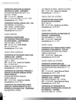 COOPERATIVAS DA BAHIA
..........................................................................................................
130
COOPERATIVA BRASILEIRA DE SERVIÇOS
MÚLTIPLOS DE SAÚDE - COOPEBRÁS
AV. PROFESSOR MAGALHÃES NETO 1752
SALA 604 - PITUBA
CEP - 41.810-­012 - Salvador
Tel: (71) 3624 4242 Fax: (71) 3311 7599
Constituída em: 20.11.2009
COOPERATIVA CENTRAL GAÚCHA LTDA - CCGL
RUA VARSÓVIA 122 GALPÃO A,
PRES. VARGAS - GRANJAS RURAIS
CEP - 40.850-­000 - SALVADOR
Constituída em: 04.05.2011
SANTA BRÍGIDA
COOPERATIVA AGROPECUÁRIA
DOS PEQUENOS PRODUTORES RURAIS
DE SANTA BRÍGIDA -­COOPERBRÍGIDA
RUA ALTO NOVO - CENTRO
CEP - 48.570-­970 - Santa Brígida
Tel: (75) 3698 2207
Constituída em: 05.03.2008
SANTA CRUZ CABRÁLIA
COOPERATIVA DE PESCADORES SANTA CRUZ
CABRÁLIA LTDA - COOPESC
PRAÇA PEDRO ÁLVARES CABRAL 47
SALA 10 - SEDE
CEP - 45.807-­000 - Santa Cruz Cabrália
Tel: (73) 8848 6803
email: pescacoopesc@hotmail.com
Constituída em: 14.05.1996
COOPERATIVA DE HABITAÇÃO, PRODUÇÃO E
SERVIÇOS DA RESERVA INDÍGENA PATAXÓ -­
COROA VERMELHA
AV BEIRA MAR RESERVA INDÍGENA
COROA VERMELHA
CEP - 45.807-­000 - Santa Cruz Cabrália
Constituída em: 09.07.2003
COOPERATIVA DOS PRODUTORES RURAIS
AGRÍCOLAS, AGROPECUARISTAS DO SUL E
EXTREMO SUL DA BAHIA LTDA - COOPEARGRI
RUA QUARTEZO 9 TÉRREO
LOT. MIRANTE DA COROA - MIRANTE DA COROA
CEP - 45.807-­000 - Santa Cruz Cabrália
Constituída em: 17.02.2011
SANTA CRUZ DA VITÓRIA
COOPERATIVA DOS APICULTORES
DA BACIA DO RIO CACHOEIRA
KM 01, BR 415
CEP - 45.725-­000 - Santa Cruz da Vitória
Constituída em: 26.09.2005
SANTA INÊS
COOPERATIVA MÚLTIPLA DE PRESTAÇÃO DE
SERVIÇOS - COOPERSERVICE
RUA RUI BARBOSA 33 - CENTRO
CEP - 45.320-­000 - Santa Inês
Constituída em: 04.12.1997
SANTA LUZIA
COOPERATIVA DOS TRABALHADORES RURAIS
ACAMPADOS E QUILOMBOLAS - CETA SUL
ASSENTAMENTO DE SANTA CRUZ TÉRREO
TERRA DE SANTA CRUZ
CEP - 45.865-­000 - Santa Luzia
Constituída em: 08.06.2009
SANTA MARIA DA VITÓRIA
COOPERATIVA AGROPECUÁRIA DOS
PRODUTORES DA BACIA DO CORRENTE LTDA
RUA PROFESSORA ROSA MAGALHÃES N° 127
CENTRO
CEP - 47.640-­000 - Santa Maria da Vitória
Constituída em: 09.01.1998
COOPERATIVA DE TRABALHO DO RIO
CORRENTE LTDA - COOTRAC
RUA ERNESTO BRANCO, 180 - CENTRO
CEP - 47.640-­000 - Santa Maria da Vitória
Constituída em: 28.06.1999
COOPERATIVA DE TRANSPORTES DE
PASSAGEIROS INTERMUNICIPAL DA BACIA DO
RIO CORRENTE - COOPIBRIC
RUA COTIA LEBRE, 65 - CENTRO
 