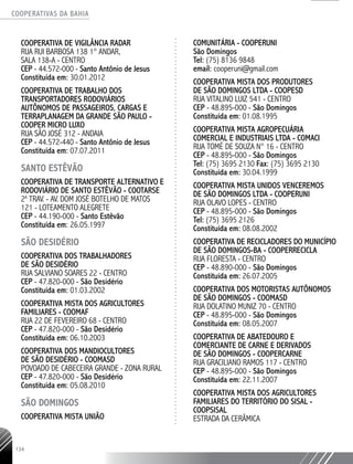 COOPERATIVAS DA BAHIA
..........................................................................................................
134
COOPERATIVA DE VIGILÂNCIA RADAR
RUA RUI BARBOSA 138 1° ANDAR,
SALA 138-­A - CENTRO
CEP - 44.572-­000 - Santo Antônio de Jesus
Constituída em: 30.01.2012
COOPERATIVA DE TRABALHO DOS
TRANSPORTADORES RODOVIÁRIOS
AUTÔNOMOS DE PASSAGEIROS, CARGAS E
TERRAPLANAGEM DA GRANDE SÃO PAULO -
COOPER MICRO LUXO
RUA SÃO JOSÉ 312 - ANDAIA
CEP - 44.572-­440 - Santo Antônio de Jesus
Constituída em: 07.07.2011
SANTO ESTÊVÃO
COOPERATIVA DE TRANSPORTE ALTERNATIVO E
RODOVIÁRIO DE SANTO ESTêVÃO - COOTARSE
2a
TRAV. - AV. DOM JOSÉ BOTELHO DE MATOS
121 - LOTEAMENTO ALEGRETE
CEP - 44.190-­000 - Santo Estêvão
Constituída em: 26.05.1997
SÃO DESIDÉRIO
COOPERATIVA DOS TRABALHADORES
DE SÃO DESIDÉRIO
RUA SALVIANO SOARES 22 - CENTRO
CEP - 47.820-­000 - São Desidério
Constituída em: 01.03.2002
COOPERATIVA MISTA DOS AGRICULTORES
FAMILIARES - COOMAF
RUA 22 DE FEVEREIRO 68 - CENTRO
CEP - 47.820-000 - São Desidério
Constituída em: 06.10.2003
COOPERATIVA DOS MANDIOCULTORES
DE SÃO DESIDÉRIO - COOMASD
POVOADO DE CABECEIRA GRANDE - ZONA RURAL
CEP - 47.820-­000 - São Desidério
Constituída em: 05.08.2010
SÃO DOMINGOS
COOPERATIVA MISTA UNIÃO
COMUNITÁRIA - COOPERUNI
São Domingos
Tel: (75) 8136 9848
email: cooperuni@gmail.com
COOPERATIVA MISTA DOS PRODUTORES
DE SÃO DOMINGOS LTDA - COOPESD
RUA VITALINO LUIZ 541 - CENTRO
CEP - 48.895-000 - São Domingos
Constituída em: 01.08.1995
COOPERATIVA MISTA AGROPECUÁRIA
COMERCIAL E INDUSTRIAIS LTDA - COMACI
RUA TOMÉ DE SOUZA N° 16 - CENTRO
CEP - 48.895-­000 - São Domingos
Tel: (75) 3695 2130 Fax: (75) 3695 2130
Constituída em: 30.04.1999
COOPERATIVA MISTA UNIDOS VENCEREMOS
DE SÃO DOMINGOS LTDA - COOPERUNI
RUA OLAVO LOPES - CENTRO
CEP - 48.895-­000 - São Domingos
Tel: (75) 3695 2126
Constituída em: 08.08.2002
COOPERATIVA DE RECICLADORES DO MUNICÍPIO
DE SÃO DOMINGOS-­BA - COOPERRECICLA
RUA FLORESTA - CENTRO
CEP - 48.890-000 - São Domingos
Constituída em: 26.07.2005
COOPERATIVA DOS MOTORISTAS AUTÔNOMOS
DE SÃO DOMINGOS - COOMASD
RUA DOLATINO MUNIZ 70 - CENTRO
CEP - 48.895-­000 - São Domingos
Constituída em: 08.05.2007
COOPERATIVA DE ABATEDOURO E
COMERCIANTE DE CARNE E DERIVADOS
DE SÃO DOMINGOS - COOPERCARNE
RUA GRACILIANO RAMOS 117 - CENTRO
CEP - 48.895-­000 - São Domingos
Constituída em: 22.11.2007
COOPERATIVA MISTA DOS AGRICULTORES
FAMILIARES DO TERRITÓRIO DO SISAL -­
COOPSISAL
ESTRADA DA CERÂMICA
 