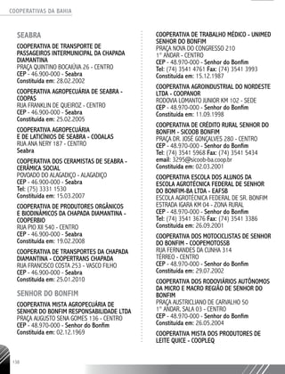 COOPERATIVAS DA BAHIA
..........................................................................................................
138
SEABRA
COOPERATIVA DE TRANSPORTE DE
PASSAGEIROS INTERMUNICIPAL DA CHAPADA
DIAMANTINA
PRAÇA QUINTINO BOCAIÚVA 26 - CENTRO
CEP - 46.900-000 - Seabra
Constituída em: 28.02.2002
COOPERATIVA AGROPECUÁRIA DE SEABRA -
COOPAS
RUA FRANKLIN DE QUEIROZ - CENTRO
CEP - 46.900-­000 - Seabra
Constituída em: 25.02.2005
COOPERATIVA AGROPECUÁRIA
E DE LATICÍNIOS DE SEABRA - COOALAS
RUA ANA NERY 187 - CENTRO
Seabra
COOPERATIVA DOS CERAMISTAS DE SEABRA -
CERÂMICA SOCIAL
POVOADO DO ALAGADIÇO - ALAGADIÇO
CEP - 46.900-­000 - Seabra
Tel: (75) 3331 1530
Constituída em: 15.03.2007
COOPERATIVA DE PRODUTORES ORGÂNICOS
E BIODINÂMICOS DA CHAPADA DIAMANTINA -
COOPERBIO
RUA PIO XII 540 - CENTRO
CEP - 46.900-­000 - Seabra
Constituída em: 19.02.2008
COOPERATIVA DE TRANSPORTES DA CHAPADA
DIAMANTINA - COOPERTRANS CHAPADA
RUA FRANCISCO COSTA 253 - VASCO FILHO
CEP - 46.900-­000 - Seabra
Constituída em: 25.01.2010
SENHOR DO BONFIM
COOPERATIVA MISTA AGROPECUÁRIA DE
SENHOR DO BONFIM RESPONSABILIDADE LTDA
PRAÇA AUGUSTO SENA GOMES 136 - CENTRO
CEP - 48.970-000 - Senhor do Bonfim
Constituída em: 02.12.1969
COOPERATIVA DE TRABALHO MÉDICO - UNIMED
SENHOR DO BONFIM
PRAÇA NOVA DO CONGRESSO 210
1° ANDAR - CENTRO
CEP - 48.970-­000 - Senhor do Bonfim
Tel: (74) 3541 4761 Fax: (74) 3541 3993
Constituída em: 15.12.1987
COOPERATIVA AGROINDUSTRIAL DO NORDESTE
LTDA - COOPANOR
RODOVIA LOMANTO JUNIOR KM 102 - SEDE
CEP - 48.970-­000 - Senhor do Bonfim
Constituída em: 11.09.1998
COOPERATIVA DE CRÉDITO RURAL SENHOR DO
BONFIM - SICOOB BONFIM
PRAÇA DR. JOSÉ GONÇALVES 280 - CENTRO
CEP - 48.970-­000 - Senhor do Bonfim
Tel: (74) 3541 5968 Fax: (74) 3541 5434
email: 3295@sicoob-­ba.coop.br
Constituída em: 02.03.2001
COOPERATIVA ESCOLA DOS ALUNOS DA
ESCOLA AGROTéCNICA FEDERAL DE SENHOR
DO BONFIM-­BA LTDA - EAFSB
ESCOLA AGROTÉCNICA FEDERAL DE SR. BONFIM
ESTRADA IGARA KM 04 - ZONA RURAL
CEP - 48.970-­000 - Senhor do Bonfim
Tel: (74) 3541 3676 Fax: (74) 3541 3386
Constituída em: 26.09.2001
COOPERATIVA DOS MOTOCICLISTAS DE SENHOR
DO BONFIM - COOPEMOTOSSB
RUA FERNANDES DA CUNHA 314
TÉRREO - CENTRO
CEP - 48.970-­000 - Senhor do Bonfim
Constituída em: 29.07.2002
COOPERATIVA DOS RODOVIÁRIOS AUTÔNOMOS
DA MICRO E MACRO REGIÃO DE SENHOR DO
BONFIM
PRAÇA AUSTRICLIANO DE CARVALHO 50
1° ANDAR, SALA 03 - CENTRO
CEP - 48.970-­000 - Senhor do Bonfim
Constituída em: 26.05.2004
COOPERATIVA MISTA DOS PRODUTORES DE
LEITE QUICE - COOPLEQ
 