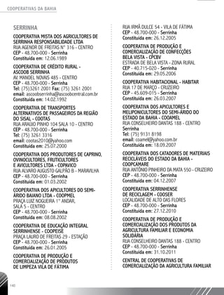 COOPERATIVAS DA BAHIA
..........................................................................................................
140
SERRINHA
COOPERATIVA MISTA DOS AGRICULTORES DE
SERRINHA RESPONSABILIDADE LTDA
RUA AGENOR DE FREITAS N° 316 - CENTRO
CEP - 48.700-­000 - Serrinha
Constituída em: 12.06.1989
COOPERATIVA DE CRÉDITO RURAL -
ASCOOB SERRINHA
AV. MANOEL NOVAIS 485 - CENTRO
CEP - 48.700-­000 - Serrinha
Tel: (75)3261 2001 Fax: (75) 3261 2001
email: ascoobserrinha@ascoobcentral.com.br
Constituída em: 14.02.1992
COOPERATIVA DE TRANSPORTES
ALTERNATIVOS DE PASSAGEIROS DA REGIÃO
DO SISAL - COOTAS
RUA ARAÚJO PINHO 104 SALA 10 - CENTRO
CEP - 48.700-­000 - Serrinha
Tel: (75) 3261 3316
email: cootas2010@yahoo.com
Constituída em: 25.07.2000
COOPERATIVA DOS PRODUTORES DE CAPRINO,
OVINOCULTORES, FRUTICULTORES
E AVICULTORES LTDA - COPAVICO
RUA ALVARO AUGUSTO GALPÃO B - MARAVILHA
CEP - 48.700-­000 - Serrinha
Constituída em: 01.03.2002
COOPERATIVA DOS APICULTORES DO SEMI-
ÁRIDO BAIANO LTDA - COOPMEL
PRAÇA LUIZ NOGUEIRA 1° ANDAR,
SALA 5 - CENTRO
CEP - 48.700-­000 - Serrinha
Constituída em: 08.08.2002
COOPERATIVA DE EDUCAÇÃO INTEGRAL
SERRINHENSE - COOPEISE
PRAÇA LAURO DE FREITAS 29 - ESTAÇÃO
CEP - 48.700-­000 - Serrinha
Constituída em: 26.01.2005
COOPERATIVA DE PRODUÇÃO E
COMERCIALIZAÇÃO DE PRODUTOS
DE LIMPEZA VILA DE FÁTIMA
RUA IRMÃ DULCE 54 - VILA DE FÁTIMA
CEP - 48.700-000 - Serrinha
Constituída em: 26.12.2005
COOPERATIVA DE PRODUÇÃO E
COMERCIALIZAÇÃO DE CONFECÇÕES
BELA VISTA - CPCBV
ESTRADA DE BELA VISTA - ZONA RURAL
CEP - 40.715-020 - Serrinha
Constituída em: 29.05.2006
COOPERATIVA HABITACIONAL - HABITAR
RUA 17 DE MARÇO - CRUZEIRO
CEP - 45.609-­015 - Serrinha
Constituída em: 26.03.2007
COOPERATIVA DOS APICULTORES E
MELIPONICULTORES DO SEMI-­ÁRIDO DO
ESTADO DA BAHIA - COOAMEL
RUA CONSELHEIRO DANTAS 188 - CENTRO
Serrinha
Tel: (75) 9131 8198
email: coamel@yahoo.com.br
Constituída em: 18.09.2007
COOPERATIVA DOS CATADORES DE MATERIAIS
RECICLÁVEIS DO ESTADO DA BAHIA -
COOPCAMARE
RUA ANTÔNIO PINHEIRO DA MATA 550 - CRUZEIRO
CEP - 48.700-­000 - Serrinha
Constituída em: 04.12.2007
COOPERATIVA SERRINHENSE
DE RECICLAGEM - COOSER
LOCALIDADE DE ALTO DAS FLORES
CEP - 48.700-­000 - Serrinha
Constituída em: 27.12.2010
COOPERATIVA DE PRODUÇÃO E
COMERCIALIZAÇÃO DOS PRODUTOS DA
AGRICULTURA FAMILIAR E ECONOMIA
SOLIDÁRIA
RUA CONSELHEIRO DANTAS 188 - CENTRO
CEP - 48.700-­000 - Serrinha
Constituída em: 31.10.2011
CENTRAL DE COOPERATIVAS DE
COMERCIALIZAÇÃO DA AGRICULTURA FAMILIAR
 
