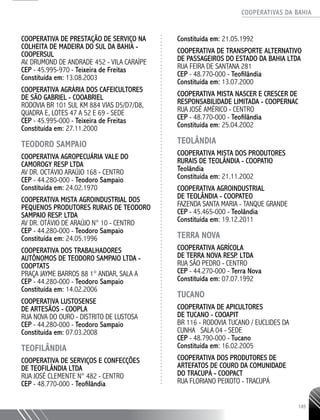 COOPERATIVAS DA BAHIA
..........................................................................................................
145
COOPERATIVA DE PRESTAÇÃO DE SERVIÇO NA
COLHEITA DE MADEIRA DO SUL DA BAHIA -
COOPERSUL
AV. DRUMOND DE ANDRADE 452 - VILA CARAÍPE
CEP - 45.995-­970 - Teixeira de Freitas
Constituída em: 13.08.2003
COOPERATIVA AGRÁRIA DOS CAFEICULTORES
DE SÃO GABRIEL - COOABRIEL
RODOVIA BR 101 SUL KM 884 VIAS D5/D7/D8,
QUADRA E, LOTES 47 A 52 E 69 - SEDE
CEP - 45.995-­000 - Teixeira de Freitas
Constituída em: 27.11.2000
TEODORO SAMPAIO
COOPERATIVA AGROPECUÁRIA VALE DO
CAMOROGY RESP LTDA
AV DR. OCTÁVIO ARAÚJO 168 - CENTRO
CEP - 44.280-000 - Teodoro Sampaio
Constituída em: 24.02.1970
COOPERATIVA MISTA AGROINDUSTRIAL DOS
PEQUENOS PRODUTORES RURAIS DE TEODORO
SAMPAIO RESP. LTDA
AV DR. OTÁVIO DE ARAÚJO N° 10 - CENTRO
CEP - 44.280-000 - Teodoro Sampaio
Constituída em: 24.05.1996
COOPERATIVA DOS TRABALHADORES
AUTÔNOMOS DE TEODORO SAMPAIO LTDA -
COOPTATS
PRAÇA JAYME BARROS 88 1° ANDAR, SALA A
CEP - 44.280-­000 - Teodoro Sampaio
Constituída em: 14.02.2006
COOPERATIVA LUSTOSENSE
DE ARTESÃOS - COOPLA
RUA NOVA DO OURO - DISTRITO DE LUSTOSA
CEP - 44.280-­000 - Teodoro Sampaio
Constituída em: 07.03.2008
TEOFILÂNDIA
COOPERATIVA DE SERVIÇOS E CONFECÇÕES
DE TEOFILÂNDIA LTDA
RUA JOSÉ CLEMENTE N° 482 - CENTRO
CEP - 48.770-­000 - Teofilândia
Constituída em: 21.05.1992
COOPERATIVA DE TRANSPORTE ALTERNATIVO
DE PASSAGEIROS DO ESTADO DA BAHIA LTDA
RUA FEIRA DE SANTANA 281
CEP - 48.770-­000 - Teofilândia
Constituída em: 13.07.2000
COOPERATIVA MISTA NASCER E CRESCER DE
RESPONSABILIDADE LIMITADA - COOPERNAC
RUA JOSÉ AMÉRICO - CENTRO
CEP - 48.770-­000 - Teofilândia
Constituída em: 25.04.2002
TEOLÂNDIA
COOPERATIVA MISTA DOS PRODUTORES
RURAIS DE TEOLÂNDIA - COOPATIO
Teolândia
Constituída em: 21.11.2002
COOPERATIVA AGROINDUSTRIAL
DE TEOLÂNDIA - COOPATEO
FAZENDA SANTA MARIA - TANQUE GRANDE
CEP - 45.465-­000 - Teolândia
Constituída em: 19.12.2011
TERRA NOVA
COOPERATIVA AGRÍCOLA
DE TERRA NOVA RESP. LTDA
RUA SÃO PEDRO - CENTRO
CEP - 44.270-­000 - Terra Nova
Constituída em: 07.07.1992
TUCANO
COOPERATIVA DE APICULTORES
DE TUCANO - COOAPIT
BR 116 -­RODOVIA TUCANO / EUCLIDES DA
CUNHA SALA 04 - SEDE
CEP - 48.790-­000 - Tucano
Constituída em: 16.02.2005
COOPERATIVA DOS PRODUTORES DE
ARTEFATOS DE COURO DA COMUNIDADE
DO TRACUPÁ - COOPACT
RUA FLORIANO PEIXOTO - TRACUPÁ
 