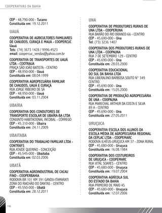 COOPERATIVAS DA BAHIA
..........................................................................................................
146
CEP - 48.790-­000 - Tucano
Constituída em: 19.12.2011
UAUÁ
COOPERATIVA DE AGRICULTORES FAMILIARES
DE CANUDOS, CURAÇÁ E MAUÁ - COOPERCUC
Uauá
Tels: (74) 3673 1428 / 9996-4523
email: coopercuc_vendas@yahoo.com.br
COOPERATIVA DE TRANSPORTES DE UAUÁ
LTDA - COOTRAUA
PRAÇA SÃO JOÃO BATISTA - CENTRO
CEP - 48.950-000 - Uauá
Constituída em: 08.04.1999
COOPERATIVA AGROPECUÁRIA FAMILIAR
DE CANUDOS, UAUÁ E CURAÇÁ
RUA JORGE RIBEIRO DE SÁ
CEP - 48.950-­000 - Uauá
Constituída em: 03.11.2004
UBAÍRA
COOPERATIVA DOS CONDUTORES DE
TRANSPORTE ESCOLAR DE UBAÍRA-BA LTDA
CONJUNTO HABITACIONAL INCOBAL - CÓRREGO
CEP - 45.310-­000 - Ubaíra
Constituída em: 24.11.2009
UBAITABA
COOPERATIVA DO TRABALHO FAMILIAR LTDA -
CONTRAFS
RUA ATAÍDE QUERINO - CONCEIÇÃO
CEP - 45.545-­000 - Ubaitaba
Constituída em: 02.03.2006
UBATÃ
COOPERATIVA AGROINDUSTRIAL DE CACAU
FINO - COOPERBAHIA
RODOVIA BR 101 KM 391 GANDU-­ITAMARATI
ZONA DO RIACHÃO DO DANTAS - CENTRO
CEP - 45.550-­000 - Ubatã
Constituída em: 28.12.2011
UNA
Cooperativa de Produtores Rurais de
Una Ltda - COOPERUNA
Rua Barão do Rio Branco 66 - Centro
CEP - 45.690-000 - Una
Tel: (73) 3236 1407
COOPERATIVA DOS PRODUTORES RURAIS DE
UNA LTDA - COOPAUNA
RUA 7 DE SETEMBRO 129 - CENTRO
CEP - 45.690-­000 - Una
Constituída em: 28.03.2000
COOPERATIVA EDUCACIONAL
DO SUL DA BAHIA LTDA
RUA LIBERALINO BARBOSA SOUTO N° 349
CENTRO
CEP - 45.690-­000 - Una
Constituída em: 15.05.2000
COOPERATIVA DE PRODUÇÃO AGROPECUÁRIA
DE UNA - COOPAUNA
RUA MARECHAL ARTHUR DA COSTA E SILVA
89 A - CENTRO
CEP - 45.690-­000 - Una
Constituída em: 27.05.2011
URUÇUCA
COOPERATIVA ESCOLA DOS ALUNOS DA
ESCOLA MÉDIA DE AGROPECUÁRIA REGIONAL
DA CEPLAC LTDA - COOPEMARC
RODOVIA ILHÉUS-URUÇUCA KM 37 - ZONA RURAL
CEP - 45.680-­000 - Uruçuca
Constituída em: 16.08.1984
COOPERATIVA DOS COSTUREIROS
DE URUÇUCA - COOPEMARC
RUA VITAL SOARES - CENTRO
CEP - 45.680-000 - Uruçuca
Constituída em: 19.07.2004
COOPERATIVA AGRÍCOLA SUL
DO ESTADO DA BAHIA
RUA PRIMEIRO DE MAIO 45
CEP - 45.680-­000 - Uruçuca
Constituída em: 12.07.2006
 