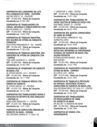COOPERATIVAS DA BAHIA
..........................................................................................................
151
COOPERATIVA DOS LAVRADORES NA LUTA
PELA CONQUISTA DA TERRA - COOTERRA
RUA SÃO JOSÉ N° 52 - CRUZEIRO
CEP - 45.000-­000 - Vitória da Conquista
Constituída em: 07.08.1998
COOPERATIVA DE TRABALHADORES EM
CARGAS, DESCARGAS E EMBLOCAMENTOS LTDA
RUA DA GRANJA 233 - CENTRO
CEP - 45.000-­000 - Vitória da Conquista
Constituída em: 19.08.1998
COOPERATIVA DE TRABALHO INDUSTRIAL
DOS SELEIROS DE VITÓRIA DA CONQUISTA -
COOINSEVIC
RUA OTÁVIO MANGABEIRA N° 186 - SUMARÉ
CEP - 45.000-­000 - Vitória da Conquista
Constituída em: 27.08.1998
COOPERATIVA DE TRABALHO INDUSTRIAL DOS
SAPATEIROS DE VITÓRIA DA CONQUISTA LTDA
- COOPISA
TRAV. GÓES CALMON 87 A - CENTRO
CEP - 45.000-­000 - Vitória da Conquista
Constituída em: 03.09.1998
COOPERATIVA DE VENDEDORES DO SUDOESTE
DA BAHIA LTDA
AV. OTÁVIO SANTOS, 147-­C - RECREIO
CEP - 45.000-­000 - Vitória da Conquista
Constituída em: 30.11.1998
COOPERATIVA DE TRABALHO MÉDICO LTDA -
UNIMED DO SUDOESTE
AV. OTÁVIO SANTOS 147 - RECREIO
CEP - 45.020-­750 - Vitória da Conquista
Constituída em: 10.12.1998
COOPERATIVA DOS TRABALHADORES RURAIS E
EVENTUAIS DO DISTRITO DE JOSÉ GONÇALVES
-­COOTRAB J.G
PRAÇA JOÃO GONÇALVES 11 - CENTRO
CEP - 45.020-­160 - Vitória da Conquista
Constituída em: 13.01.1999
COOPERATIVA DE AGRICULTURA IRRIGADA DO
SUDOESTE DA BAHIA - COOISBA
RUA ZEFERINO CORREIA N° 77 SALA 102
1° ANDAR EDF. E. LOBO - CENTRO
CEP - 45.000-­000 - Vitória da Conquista
Constituída em: 19.01.1999
COOPERATIVA DOS TRABALHADORES EM
SAÚDE COLETIVA DE BARRA DO CHOÇA LTDA
RUA DANIEL SOARES 35 - CENTRO
CEP - 45.000-­000 - Vitória da Conquista
Constituída em: 08.03.1999
COOPERATIVA DOS AGENTES COMUNITÁRIOS
DE SAÚDE DE ITAMBÉ
AV. JOÃO DURVAL CARNEIRO N° 406
HUMBERTO LOPES
CEP - 45.000-­000 - Vitória da Conquista
Constituída em: 09.03.1999
COOPERATIVA DE ECONOMIA E CRÉDITO
MÚTUO DOS SERVIDORES DA UNIVERSIDADE
ESTADUAL DO SUDOESTE DA BAHIA LTDA -
SICOOB-­CREDIUESB
ESTRADA DO BEM-QUERER -­KM 04
BEM-QUERER
CEP - 45.083-­900 - Vitória da Conquista
Constituída em: 16.03.1999
COOPERATIVA DE TRANSPORTES ESPECIAIS DO
ESTADO DA BAHIA - COMPREV
AV. ILHÉUS 2497 - BRASIL
CEP - 45.025-080 - Vitória da Conquista
Constituída em: 26.03.1999
COOPERATIVA DE TRABALHO E PRESTAÇÃO
DE SERVIÇOS, ASSISTÊNCIA TÉCNICA E
CONSULTORIA DO SUDOESTE DA BAHIA LTDA
RUA ASCENDINO MELO, 297 SALA 217 - CENTRO
CEP - 45.000-­000 - Vitória da Conquista
Constituída em: 22.06.1999
COOPERATIVA DOS TRABALHADORES
EM PROCESSAMENTO DE CARNE
DO SUDOESTE DA BAHIA
KM 866 BR 116 RODOVIA RIO-BAHIA
CEP - 45.000-­000 - Vitória da Conquista
Constituída em: 24.08.1999
COOPERATIVA DE VENDAS LTDA -
COOPERODONTO
 