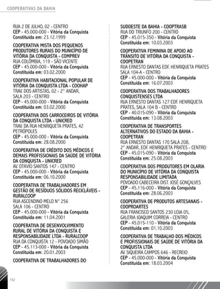 COOPERATIVAS DA BAHIA
..........................................................................................................
152
RUA 2 DE JULHO, 02 - CENTRO
CEP - 45.000-­000 - Vitória da Conquista
Constituída em: 23.12.1999
COOPERATIVA MISTA DOS PEQUENOS
PRODUTORES RURAIS DO MUNICÍPIO DE
VITÓRIA DA CONQUISTA - COMPREV
RUA COLÔMBIA, 119 - SÃO VICENTE
CEP - 45.000-­000 - Vitória da Conquista
Constituída em: 03.02.2000
COOPERATIVA HABITACIONAL POPULAR DE
VITÓRIA DA CONQUISTA LTDA -­COOHAP
TRAV. DOS ARTISTAS, 02 -­2° ANDAR,
SALA 203 - CENTRO
CEP - 45.000-­000 - Vitória da Conquista
Constituída em: 03.02.2000
COOPERATIVA DOS CARROCEIROS DE VITÓRIA
DA CONQUISTA LTDA - UNICRED
TRAV. DA RUA HENRIQUETA PRATES, 42
PETRÓPOLES
CEP - 45.000-­000 - Vitória da Conquista
Constituída em: 28.08.2000
COOPERATIVA DE CRÉDITO DOS MÉDICOS E
DEMAIS PROFISSIONAIS DA SAÚDE DE VITÓRIA
DA CONQUISTA - UNICRED
AV. OTÁVIO SANTOS 147 - CENTRO
CEP - 45.000-000 - Vitória da Conquista
Constituída em: 06.10.2000
COOPERATIVA DE TRABALHADORES EM
GESTÃO DE RESÍDUOS SÓLIDOS RECICLÁVEIS -
RURALCOOP
RUA ASCENDINO MELO N° 256
SALA 106 - CENTRO
CEP - 45.000-­000 - Vitória da Conquista
Constituída em: 11.04.2001
COOPERATIVA DE DESENVOLVIMENTO
RURAL DE VITÓRIA DA CONQUISTA E
RESPONSABILIDADE LTDA - RURALCOOP
RUA DA CONQUISTA 12 - POVOADO SIMÃO
CEP - 45.113-­000 - Vitória da Conquista
Constituída em: 20.01.2003
COOPERATIVA DE TRABALHADORES DO
SUDOESTE DA BAHIA - COOPTRASB
RUA DO TRIUNFO 200 - CENTRO
CEP - 45.015-­350 - Vitória da Conquista
Constituída em: 10.03.2003
COOPERATIVA FEMININA DE APOIO AO
TRÂNSITO DE VITÓRIA DA CONQUISTA -
COOPETRAN
RUA ERNESTO DANTAS EDF. HENRIQUETA PRATES
SALA 104-­A - CENTRO
CEP - 45.000-­000 - Vitória da Conquista
Constituída em: 16.07.2003
COOPERATIVA DOS TRABALHADORES
CONQUISTENSES LTDA
RUA ERNESTO DANTAS 127 EDF. HENRIQUETA
PRATES, SALA 104 B - CENTRO
CEP - 40.015-­090 - Vitória da Conquista
Constituída em: 13.08.2003
COOPERATIVA DE TRANSPORTES
ALTERNATIVOS DO ESTADO DA BAHIA -
COOPETRAN
RUA ERNESTO DANTAS 170 SALA 208,
2° ANDAR, EDF. HENRIQUETA PRATES - CENTRO
CEP - 45.015-­090 - Vitória da Conquista
Constituída em: 25.08.2003
COOPERATIVA DOS PRODUTORES EM OLARIA
DO MUNICÍPIO DE VITÓRIA DA CONQUISTA
RESPONSABILIDADE LIMITADA
POVOADO CABECEIRA DIST. JOSÉ GONÇALVES
CEP - 45.116-­000 - Vitória da Conquista
Constituída em: 28.06.2003
COOPERATIVA DE PRODUTOS ARTESANAIS -
COOPROARTES
RUA FRANCISCO SANTOS 230 LOJA 05,
GALERIA JOAQUIM CORREIA - CENTRO
CEP - 45.015-­110 - Vitória da Conquista
Constituída em: 01.10.2003
COOPERATIVA DE TRABALHO DOS MÉDICOS
E PROFISSIONAIS DE SAÚDE DE VITÓRIA DA
CONQUISTA LTDA
AV. SIQUEIRA CAMPOS 646 - RECREIO
CEP - 45.000-­000 - Vitória da Conquista
Constituída em: 18.03.2004
 