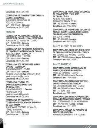 COOPERATIVAS DA BAHIA
..........................................................................................................
22
Constituída em: 03.04.1991
COOPERATIVA DE TRANSPORTES DE CARGAS -
COOPERTRANSCARGAS
RUA DOS POLÍMEROS SALA 08
PÓLO PETROQUÍMICO
CEP - 42.810-­220 - Camaçari
Constituída em: 04.10.2007
CAMAMU
COOPERATIVA MISTA DOS PESCADORES DO
MUNICÍPIO DE CAMAMU LTDA - COOPESCADO
RUA LADEIRA DO PARAÍSO 14 - CENTRO
CEP - 45.000-­000 - Camamu
Constituída em: 20.01.1994
COOPERATIVA DOS MOTORISTAS AUTÔNOMOS
DE TRANSPORTE ALTERNATIVO DE CAMAMU E
ADJACÊNCIA LTDA - COOPECAM
LOTEAMENTO LÍDIO - CENTRO
CEP - 45.445-­000 - Camamu
Constituída em: 15.10.1997
COOPERATIVA DOS PRODUTORES RURAIS
CAMAMU - COOPROCAM
RUA DOS CRAVEIROS - CENTRO
CEP - 45.445-­000 - Camamu
Tel: (73) 3255 ­1308 Fax: (73) 3255 ­1475
email: cooprocam@ig.com.br
Constituída em: 02.04.2001
COOPERATIVA CENTRAL DOS
EMPREENDEDORES DO ESTADO
DA BAHIA - CCES
RUA DOS CRAVEIROS - Camamu
Tel: (73) 3255-­1475
email: ccescentral@ig.com.br
Constituída em: 06.06.2003
COOPERATIVA DE TRANSPORTES
COLETIVOS DOS POVOADOS DE BARCELOS
DO SUL E TAPUIA
RUA BENJAMIN CONSTANT 11 SALA 01,
TÉRREO 01 CAMAMU
CEP - 45.445-­000 - Camamu
Constituída em: 13.02.2007
COOPERATIVA DE FABRICANTES ARTESANAIS
DE EMBARCAÇÕES E SIMILARES
DE CAJAÍBA DO SUL
AV BEIRA MAR, TÉRREO
POVOADO DE CAJAÍBA DO SUL
CEP - 45.445-­000 - Camamu
Constituída em: 27.02.2012
COOPERATIVA DE PRODUTORES DE CANA-­DE-­
AÇÚCAR, AÇÚCAR E ÁLCOOL DO ESTADO DE
SÃO PAULO - COPERSUCARFAZENDA
BOA SORTE - PINARE
CEP - 45.435-­000 - Camamu
Constituída em: 05.05.1978
CAMPO ALEGRE DE LOURDES
COOPERATIVA DOS PEQUENOS APICULTORES
DE CAMPO ALEGRE DE LOURDES - COAPICAL
RUA CORONEL LUIZ ANTÔNIO - CENTRO
CEP - 47.220-­000 - Campo Alegre de Lourdes
Constituída em: 09.07.1998
CAMPO FORMOSO
COOPERATIVA MISTA AGROPECUÁRIA DE
MINERAÇÃO DE UMBURANAS LTDA
PRAÇA DO COMÉRCIO - CENTRO
CEP - 44.790-­000 - Campo Formoso
Constituída em: 17.09.1998
COOPERATIVA DOS CAPRINOCULTORES DE
CAMPO FORMOSO LTDA - COOCAF
RUA CARNEIRO RIBEIRO, 190 - CENTRO
CEP - 44.790-­000 - Campo Formoso
Tel: (74) 3645 1302
Constituída em: 20.07.1999
COOPERATIVA DOS TRANSPORTADORES DE
CARGAS DO MUNICÍPIO DE CAMPO FORMOSO
RUA LEOTÉRIO ALVES, 05 SALA ESPLANADA
CEP - 44.790-­000 - Campo Formoso
Constituída em: 17.11.1999
COOPERATIVA APÍCOLA DO MUNICÍPIO DE
CAMPO FORMOSO LTDA
POVOADO DE CARAÍBA N° 1-A - CARAÍBA
 