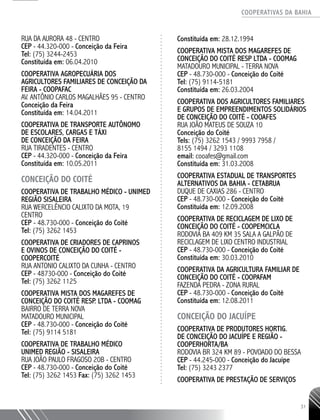 COOPERATIVAS DA BAHIA
..........................................................................................................
31
RUA DA AURORA 48 - CENTRO
CEP - 44.320-­000 - Conceição da Feira
Tel: (75) 3244-­2453
Constituída em: 06.04.2010
COOPERATIVA AGROPECUÁRIA DOS
AGRICULTORES FAMILIARES DE CONCEIÇÃO DA
FEIRA - COOPAFAC
AV. ANTÔNIO CARLOS MAGALHÃES 95 - CENTRO
Conceição da Feira
Constituída em: 14.04.2011
COOPERATIVA DE TRANSPORTE AUTÔNOMO
DE ESCOLARES, CARGAS E TÁXI
DE CONCEIÇÃO DA FEIRA
RUA TIRADENTES - CENTRO
CEP - 44.320-­000 - Conceição da Feira
Constituída em: 10.05.2011
CONCEIÇÃO DO COITÉ
Cooperativa de Trabalho Médico - UNIMED
REGIÃO SISALEIRA
Rua Wercelêncio Calixto da Mota, 19
Centro
CEP - 48.730-000 - Conceição do Coité
Tel: (75) 3262 1453
Cooperativa de Criadores de Caprinos
e Ovinos de Conceição do Coité -
COOPERCOITÉ
Rua Antonio Calixto da Cunha - Centro
CEP - 48730-000 - Conceição do Coité
Tel: (75) 3262 1125
Cooperativa Mista dos Magarefes de
Conceição do Coité Resp. Ltda - COOMAG
Bairro de Terra Nova
Matadouro Municipal
CEP - 48.730-000 - Conceição do Coité
Tel: (75) 9114 5181
COOPERATIVA DE TRABALHO MÉDICO
UNIMED REGIÃO - SISALEIRA
RUA JOÃO PAULO FRAGOSO 20B - CENTRO
CEP - 48.730-­000 - Conceição do Coité
Tel: (75) 3262 1453 Fax: (75) 3262 ­1453
Constituída em: 28.12.1994
COOPERATIVA MISTA DOS MAGAREFES DE
CONCEIÇÃO DO COITÉ RESP LTDA - COOMAG
MATADOURO MUNICIPAL - TERRA NOVA
CEP - 48.730-­000 - Conceição do Coité
Tel: (75) 9114-­5181
Constituída em: 26.03.2004
COOPERATIVA DOS AGRICULTORES FAMILIARES
E GRUPOS DE EMPREENDIMENTOS SOLIDÁRIOS
DE CONCEIÇÃO DO COITÉ - COOAFES
RUA JOÃO MATEUS DE SOUZA 10
Conceição do Coité
Tels: (75) 3262 1543 / 9993 7958 /
8155 1494 / 3293 1108
email: cooafes@gmail.com
Constituída em: 31.03.2008
COOPERATIVA ESTADUAL DE TRANSPORTES
ALTERNATIVOS DA BAHIA - CETABRUA
DUQUE DE CAXIAS 286 - CENTRO
CEP - 48.730-­000 - Conceição do Coité
Constituída em: 12.09.2008
COOPERATIVA DE RECICLAGEM DE LIXO DE
CONCEIÇÃO DO COITÉ - COOPEMCICLA
RODOVIA BA 409 KM 35 SALA A GALPÃO DE
RECICLAGEM DE LIXO CENTRO INDUSTRIAL
CEP - 48.730-­000 - Conceição do Coité
Constituída em: 30.03.2010
COOPERATIVA DA AGRICULTURA FAMILIAR DE
CONCEIÇÃO DO COITÉ - COOPAFAM
FAZENDA PEDRA - ZONA RURAL
CEP - 48.730-­000 - Conceição do Coité
Constituída em: 12.08.2011
CONCEIÇÃO DO JACUÍPE
Cooperativa de Produtores Hortig.
de Conceição do Jacuípe e Região -
COOPERHORTA/BA
Rodovia Br 324 KM 89 - Povoado do Bessa
CEP - 44.245-000 - Conceição do Jacuípe
Tel: (75) 3243 2377
Cooperativa de Prestação de Serviços
 