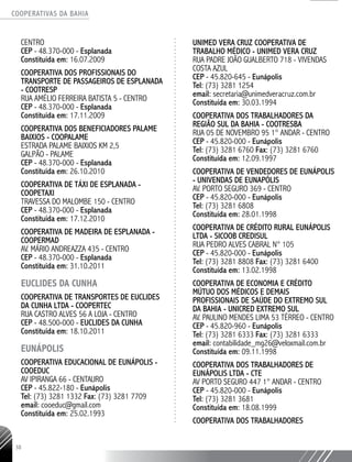 COOPERATIVAS DA BAHIA
..........................................................................................................
38
CENTRO
CEP - 48.370-­000 - Esplanada
Constituída em: 16.07.2009
COOPERATIVA DOS PROFISSIONAIS DO
TRANSPORTE DE PASSAGEIROS DE ESPLANADA
- COOTRESP
RUA AMÉLIO FERREIRA BATISTA 5 - CENTRO
CEP - 48.370-­000 - Esplanada
Constituída em: 17.11.2009
COOPERATIVA DOS BENEFICIADORES PALAME
BAIXIOS - COOPALAME
ESTRADA PALAME BAIXIOS KM 2,5
GALPÃO - PALAME
CEP - 48.370-­000 - Esplanada
Constituída em: 26.10.2010
COOPERATIVA DE TÁXI DE ESPLANADA -
COOPETAXI
TRAVESSA DO MALOMBE 150 - CENTRO
CEP - 48.370-­000 - Esplanada
Constituída em: 17.12.2010
COOPERATIVA DE MADEIRA DE ESPLANADA -
COOPERMAD
AV. MÁRIO ANDREAZZA 435 - CENTRO
CEP - 48.370-­000 - Esplanada
Constituída em: 31.10.2011
EUCLIDES DA CUNHA
COOPERATIVA DE TRANSPORTES DE EUCLIDES
DA CUNHA LTDA - COOPERTEC
RUA CASTRO ALVES 56 A LOJA - CENTRO
CEP - 48.500-­000 - EUCLIDES DA CUNHA
Constituída em: 18.10.2011
EUNÁPOLIS
COOPERATIVA EDUCACIONAL DE EUNÁPOLIS -
COOEDUC
AV IPIRANGA 66 - CENTAURO
CEP - 45.822-­180 - Eunápolis
Tel: (73) 3281 1332 Fax: (73) 3281 ­7709
email: cooeduc@gmail.com
Constituída em: 25.02.1993
UNIMED VERA CRUZ COOPERATIVA DE
TRABALHO MÉDICO - UNIMED VERA CRUZ
RUA PADRE JOÃO GUALBERTO 718 - VIVENDAS
COSTA AZUL
CEP - 45.820-­645 - Eunápolis
Tel: (73) 3281 1254
email: secretaria@unimedveracruz.com.br
Constituída em: 30.03.1994
COOPERATIVA DOS TRABALHADORES DA
REGIÃO SUL DA BAHIA - COOTRESBA
RUA 05 DE NOVEMBRO 95 1° ANDAR - CENTRO
CEP - 45.820-­000 - Eunápolis
Tel: (73) 3281 6760 Fax: (73) 3281 6760
Constituída em: 12.09.1997
COOPERATIVA DE VENDEDORES DE EUNÁPOLIS
-­UNIVENDAS DE EUNAPÓLIS
AV. PORTO SEGURO 369 - CENTRO
CEP - 45.820-­000 - Eunápolis
Tel: (73) 3281 ­6808
Constituída em: 28.01.1998
COOPERATIVA DE CRÉDITO RURAL EUNÁPOLIS
LTDA - SICOOB CREDISUL
RUA PEDRO ALVES CABRAL N° 105
CEP - 45.820-­000 - Eunápolis
Tel: (73) 3281 8808 Fax: (73) 3281 ­6400
Constituída em: 13.02.1998
COOPERATIVA DE ECONOMIA E CRÉDITO
MÚTUO DOS MÉDICOS E DEMAIS
PROFISSIONAIS DE SAÚDE DO EXTREMO SUL
DA BAHIA - UNICRED EXTREMO SUL
AV. PAULINO MENDES LIMA 53 TÉRREO - CENTRO
CEP - 45.820-­960 - Eunápolis
Tel: (73) 3281 ­6333 Fax: (73) 3281 6333
email: contabilidade_mg26@veloxmail.com.br
Constituída em: 09.11.1998
COOPERATIVA DOS TRABALHADORES DE
EUNÁPOLIS LTDA - CTE
AV PORTO SEGURO 447 1° ANDAR - CENTRO
CEP - 45.820-­000 - Eunápolis
Tel: (73) 3281 3681
Constituída em: 18.08.1999
COOPERATIVA DOS TRABALHADORES
 