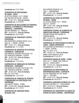 COOPERATIVAS DA BAHIA
..........................................................................................................
44
Constituída em: 03.07.2008
COOPERATIVA DE PROFISSIONAIS
DE SAÚDE - COOPS
AV. GETÚLIO VARGAS 159 5° ANDAR
EDF. ANA MULLER FALCÃO - CENTRO
CEP - 44.001-­525 - Feira de Santana
Constituída em: 21.09.2009
COOPERATIVA DE RECICLADORES DE MATERIAIS
QUÍMICOS, ELETRÔNICOS E PRESERVAÇÃO
AMBIENTAL - COOPREMAQ
RUA ARY BARROSO 147 - BRASÍLIA
CEP - 44.020-­075 - Feira de Santana
Constituída em: 28.09.2009
COOPERATIVA DE TRANSPORTE SERTÃO -
COOPREMAQ
RUA PROFESSOR LEONIDIO ROCHA 182-­A
SALA 02, 1° ANDAR - CENTRO
CEP - 44.001-­512 - Feira de Santana
Constituída em: 15.12.2009
COOPERATIVA DE ARTEFATOS DE PLÁSTICOS
E BORRACHA - COOPERLASB
RUA BARÃO DE COTEGIPE 964-­B SALA 107,
EDF. FRANCISCO CARNEIRO - CENTRO
CEP - 44.001-­550 - Feira de Santana
Tel: (75) 3614 ­8604
Constituída em: 15.03.2010
COOPERATIVA DE FABRICAÇÃO DE MATERIAIS
ESPORTIVOS - COOPFAMES
RUA BARÃO DE COTEGIPE 964-­B SALA 108,
EDF. FRANCISCO CARNEIRO - CENTRO
CEP - 44.001-­550 - Feira de Santana
Tel: (75) 3225-­5467
Constituída em: 15.03.2010
COOPERATIVA DE TRABALHO DE TÉCNICOS
E ENGENHEIROS DA CONSTRUÇÃO CIVIL -
COOPREMAQ
RUA UNAÍ 85 TÉRREO - TOMBA
CEP - 44.092-­408 - Feira de Santana
Constituída em: 29.11.2010
COOPERATIVA DE HABITAÇÃO RURAL
DA BAHIA LTDA
RUA JUVÊNCIO ERUDILHO 410
SALA 1 - BARROQUINHA
CEP - 44.002-­528 - Feira de Santana
Constituída em: 16.12.2010
COOPERATIVA DE SAÚDE DO INTERIOR
DA BAHIA - COSIBA
AV. GETÚLIO VARGAS 744 1° ANDAR
SALA 09 - CENTRO
CEP - 44.001-­496 - Feira de Santana
Constituída em: 21.01.2011
COOPERATIVA CENTRAL DE ALIMENTOS DA
AGRICULTURA FAMILIAR - COOPREMAQ
AVENIDA SENHOR DOS PASSOS 54
SERRARIA BRASIL
CEP - 44.003-­144 - Feira de Santana
Constituída em: 14.04.2011
COOPERATIVA DE PROFISSIONAIS DA ÁREA DE
SAÚDE - CIDADE COOPERATIVA
RUA VISCONDE DO RIO BRANCO 163 SALA 28,
1° ANDAR - CENTRO
Tel: (75) 3225-­7130
CEP - 44.002-­175 - Feira de Santana
email: cidad01@yahoo.com.br
Constituída em: 01.06.2011
COOPERATIVA BAIANA DE SAÚDE - COOBA
RUA A 33 C 1° ANDAR, CONJ. FEIRA VI,
SALA 02 - CAMPO LIMPO
CEP - 44.034-­205 - Feira de Santana
Constituída em: 12.08.2011
COOPERATIVA DE PROFISSIONAIS DE
ENFERMAGEM DA BAHIA - COOPEN-­BA
RUA DA CONCÓRDIA 585 EDF. JANARY
SALA 11 - SÃO JOÃO
CEP - 44.051-­674 - Feira de Santana
Constituída em: 06.09.2011
COOPERATIVA ARROZEIRA EXTREMO SUL LTDA
AV. SANTO ANTÔNIO 317 - CAPUCHINHOS
CEP - 44.050-­010 - Feira de Santana
Constituída em: 03.10.2002
COOPERATIVA DE TRANSPORTE DE CARGAS DO
ESTADO DE SANTA CATARINA - COOPERCARGA
 