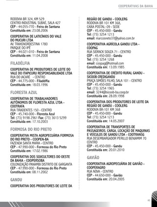 COOPERATIVAS DA BAHIA
..........................................................................................................
45
RODOVIA BR 324, KM 529
CENTRO INDUSTRIAL SUBAÉ, SALA 427
CEP - 44.055-­770 - Feira de Santana
Constituída em: 23.08.2006
COOPERATIVA DE LATICÍNIOS DO VALE
DO MUCURI LTDA
AV. TRANSNORDESTINA 1780
PARQUE DO IPÊ
CEP - 44.021-­010 - Feira de Santana
Constituída em: 11.04.2008
FILADÉLFIA
COOPERATIVA DE PRODUTORES DE LEITE DO
VALE DO ITAPICURU RESPONSABILIDADE LTDA
RUA DO JACARÉ - CENTRO
CEP - 44.775-­000 - Filadélfia
Constituída em: 18.03.1996
FLORESTA AZUL
COOPERATIVA DE TRABALHADORES
AUTÔNOMOS DE FLORESTA AZUL LTDA -
COOTRAFA
RUA TIRADENTES 150 - CENTRO
CEP - 45.740-­000 - Floresta Azul
Tel: (73) 9198 ­2961 Fax: (73) 3613 ­5299
Constituída em: 17.10.2003
FORMOSA DO RIO PRETO
COOPERATIVA MISTA AGROPECUÁRIA FORMOSA
DO RIO PRETO - COOPEN-­BA
FAZENDA SANTA MARIA - CENTRO
CEP - 47.990-­000 - Formosa do Rio Preto
Constituída em: 17.02.1986
COOPERATIVA DOS SOJICULTORES DO OESTE
DA BAHIA - COOPERSOBA
COLONIZAÇÃO PANAMBI DISTRITO DE GARGANTA
CEP - 47.990-­000 - Formosa do Rio Preto
Constituída em: 08.11.2002
GANDU
Cooperativa dos Produtores de Leite da
Região de Gandu - COOLERG
RodOVIA BR 101 Km 368,
Caixa Postal: 09 - Sede
CEP - 45.450-000 - Gandu
Tel: (73) 3254 1213
email: marcosneto37@yahoo.com.br
COOPERATIVA AGRÍCOLA GANDU LTDA -
COOPAG
RUA SIDRACK SOUZA 71 - CENTRO
CEP - 45.450-­000 - Gandu
Tel: (73) 3254 1268
email: coopag@hotmail.com
Constituída em: 13.09.1985
COOPERATIVA DE CRÉDITO RURAL GANDU -
SICOOB CREDIGANDU
PRAÇA SIMÕES FILHO, SALA 101 - CENTRO
CEP - 45.450-­000 - Gandu
Tel: (73) 3254 1965
email: 3244@sicoob-­ba.coop.br
Constituída em: 28.09.1998
COOPERATIVA DOS PRODUTORES DE LEITE DA
REGIÃO DE GANDU - COOLERG
RODOVIA BR-­101 KM 368
CEP - 45.450-000 - Gandu
Tel: (73) 3254 1213
Constituída em: 14.05.2007
COOPERATIVA DE TRANSPORTES DE
PASSAGEIROS, CARGA, LOCAÇÃO DE MAQUINAS
E VEÍCULOS DE GANDU LTDA - COOTRANSG
RUA DESEMBARGADOR PERILLO BENJAMIM 70
CENTRO
CEP - 45.450-­000 - Gandu
Constituída em: 20.01.2010
GAVIÃO
COOPERATIVA AGROPECUÁRIA DE GAVIÃO -
COOPERAGRO
RUA NOVA - CENTRO
CEP - 44.650-­000 - Gavião
Constituída em: 20.04.2005
 