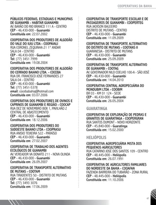 COOPERATIVAS DA BAHIA
..........................................................................................................
47
PÚBLICOS FEDERAIS, ESTADUAIS E MUNICIPAIS
DE GUANAMBI - HABITAR GUANAMBI
AV. BARÃO DO RIO BRANCO 111 A - CENTRO
CEP - 46.430-­000 - Guanambi
Constituída em: 22.07.2002
COOPERATIVA DOS PRODUTORES DE ALGODÃO
DO VALE DO IUIU LTDA - COOPAVALI
RUA CORONEL ZEQUINHA 21 1° ANDAR­
SALA 04 - CENTRO
CEP - 46.430-­000 - Guanambi
Tel: (77) 3451 ­7999
Constituída em: 19.08.2004
COOPERATIVA DOS PRODUTORES DE ALGODÃO
DO CERRADO BAIANO LTDA. - COCEBA
RUA DR. FRANCISCO JOSÉ FERNANDES 27
SALA 04 - CENTRO
CEP - 46.430-­000 - Guanambi
Tel: (77) 3451-­5378
email: cocebabahia@hotmail.com
Constituída em: 03.07.2006
COOPERATIVA DOS PRODUTORES DE OVINOS E
CAPRINOS DE GUANAMBI E REGIÃO - COOCAP
RUA DEZ DE NOVEMBRO BOX 1, PAVILHÃO 2
CENTRAL DE ABASTECIMENTO
CEP - 46.430-­000 - Guanambi
Constituída em: 18.12.2006
COOPERATIVA DOS PRODUTORES DO
SUDOESTE BAIANO LTDA - COOPRASU
RUA ANISIO TEIXEIRA 522 - PARAÍSO
CEP - 46.430-­000 - Guanambi
Constituída em: 27.02.2007
COOPERATIVA DE TRABALHO DOS AGENTES
ECOLÓGICOS DE GUANAMBI
AV. VEREADOR VA DONATO 211 - NOVA OLINDA
CEP - 46.430-­000 - Guanambi
Constituída em: 26.09.2007
COOPERATIVA DE TRANSPORTE ALTERNATIVO
DE MUTANS - COOTAM
RUA TIRADENTES 50 - DISTRITO DE MUTANS
CEP - 46.430-­000 - Guanambi
Tel: (77) 3493 3076
Constituída em: 17.06.2009
COOPERATIVA DE TRANSPORTE ESCOLAR E DE
PASSAGEIROS DE GUANAMBI - COOPERTEG
RUA JACKSON BALEEIRO
DISTRITO DE MUTANS - CENTRO
CEP - 46.430-­000 - Guanambi
Constituída em: 11.09.2009
COOPERATIVA DE TRANSPORTE ALTERNATIVO
DO DISTRITO DE MUTANS - COOTANS II
GUARANESIA - DISTRITO DE MUTANS
CEP - 46.430-­000 - Guanambi
Constituída em: 25.09.2009
COOPERATIVA DE TRANSPORTE ALTERNATIVO
DE GUANAMBI - COOTAG
AV. GOVERNADOR NILO COELHO 100-­A - SÃO JOSÉ
CEP - 46.430-­000 - Guanambi
Constituída em: 14.04.2010
COOPERATIVA CENTRAL AGROPECUÁRIA DO
MONDUBIM LTDA - COOBIM
BR 03 -­KM 01 124 - SEDE
CEP - 46.430-­000 - Guanambi
Constituída em: 26.05.2004
GUARATINGA
COOPERATIVA DE EXPLORAÇÃO DE PEDRAS E
GRANITOS DE GUARATINGA - COOPERGRAN
RUA SANTOS DUMONT - NOVO HORIZONTE
CEP - 45.840-­000 - Guaratinga
Constituída em: 15.02.2000
HELIÓPOLIS
COOPERATIVA AGROPECUÁRIA MISTA DOS
PEQUENOS AGRICULTORES
RUA CATARINO JOSÉ DOS SANTOS 109 - CENTRO
CEP - 48.445-­000 - Heliópolis
Constituída em: 26.07.1991
COOPERATIVA DE AGRICULTORES FAMILIARES
DO NORDESTE DA BAHIA - COOAFAN
FAZENDA BARREIRA DO TUBARÃO - ZONA RURAL
CEP - 48.445-­000 - Heliópolis
Constituída em: 11.10.2006
 