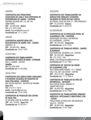 COOPERATIVAS DA BAHIA
..........................................................................................................
4
ABAÍRA
COOPERATIVA DOS PRODUTORES
ASSOCIADOS DE CANA E SEUS DERIVADOS DA
MICRORREGIÃO DE ABAÍRA - COOPAMA
FAZENDA SALGADO, KM 124, BA 148
ZONA RURAL
CEP - 46.690-000 - Abaíra
Tel: (77) 3476 2348
email: coopama@yahoo.com.br
Constituída em: 12.11.2003
ABARÉ
COOPERATIVA AGROPECUÁRIA DOS
REASSENTADOS DE ABARÉ LTDA - COOARA
AGROVILA 18
CEP - 48.680-000 - Abaré
Constituída em: 20.07.1999
ACAJUTIBA
COOPERATIVA DOS TRABALHADORES
AUTÔNOMOS DO NORTE DA BAHIA - COTRANOB
RUA J.J. SEABRA - CENTRO
Acajutiba
Tel:(75)34343039
Constituída em: 01.09.2006
ÁGUA FRIA
COOPERATIVA DOS AGRICULTORES FAMILIARES
E ECONOMIA SOLIDÁRIA DO MUNICÍPIO DE
ÁGUA FRIA-BAHIA - COOPAFES
RUA SÁTIRO MARTINS - DISTRITO DE PARAÍBA
Água Fria
Tel: (75) 8111 9272
email: coopafes@gmail.com
Constituída em: 25.02.2008
COOPERATIVA DE PRODUÇÃO DOS JOVENS
DE ÁGUA FRIA
AV. BALBINO LEÃO DE ALMEIDA, 100
CEP - 48.170-000 - Água Fria
Constituída em: 07.04.2011
AIQUARA
COOPERATIVA DOS TRABALHADORES NA
AGRICULTURA FAMILIAR E ECONOMIA
SOLIDÁRIA DE MÉDIO RIO DAS CONTAS
AV. JONIVAL LUCAS DA SILVA 37 - SÃO FRANCISCO
CEP - 45.220-000 - Aiquara
Constituída em: 21.06.2010
ALAGOINHAS
COOPERATIVA DE ELETRIFICAÇÃO RURAL DE
ALAGOINHAS LTDA - COOPERAL
ASSOCIAÇÃO CULTURAL E RECREATIVA
DE ALAGOINHAS - CENTRO
CEP - 48.100-000 - Alagoinhas
Constituída em: 22.01.1970
COOPERATIVA DE TRABALHO MÉDICO - UNIMED
ALAGOINHAS
RUA MARECHAL DEODORO 478 - CENTRO
CEP - 48.100-000 - Alagoinhas
Tel: (75) 3422 1340
email: unimedalagoinhas@hotmail.com
Constituída em: 01.03.1996
COOPERATIVA DE TAXISTAS DA CIDADE
DE ALAGOINHAS LTDA
RUA CONSELHEIRO MOURA 119 1º ANDAR,
SALA 106, EDF. LUIZ OSCAR - CENTRO
CEP - 48.010-030 - Alagoinhas
Constituída em: 17.12.1996 A
COOPERATIVA DE TRABALHO NA ÁREA DE
INFORMÁTICA - INFOCOOP
RUA CENTRO SOCIAL URBANO 97
JARDIM PRETOLAR
CEP - 48.000-000 - Alagoinhas
Constituída em: 02.02.1998
COOPERATIVA DE TRABALHADORES URBANOS,
AGRÍCOLAS, ARTESANAIS E INDUSTRIAIS LTDA
- COTUAI
PRAÇA PADRE ALFREDO EDF. SÃO BENEDITO
SALA 20 - CENTRO
CEP - 48.000-000 - Alagoinhas
Constituída em: 27.02.1998
 