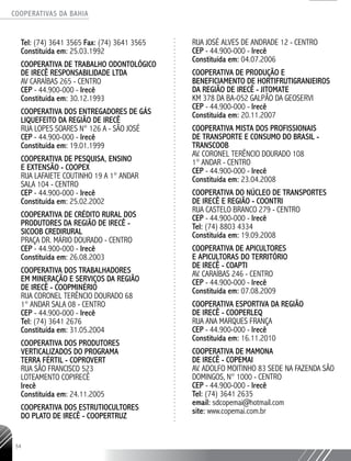 COOPERATIVAS DA BAHIA
..........................................................................................................
54
Tel: (74) 3641 3565 Fax: (74) 3641 3565
Constituída em: 25.03.1992
COOPERATIVA DE TRABALHO ODONTOLÓGICO
DE IRECÊ RESPONSABILIDADE LTDA
AV CARAÍBAS 265 - CENTRO
CEP - 44.900-­000 - Irecê
Constituída em: 30.12.1993
COOPERATIVA DOS ENTREGADORES DE GÁS
LIQUEFEITO DA REGIÃO DE IRECÊ
RUA LOPES SOARES N° 126 A - SÃO JOSÉ
CEP - 44.900-­000 - Irecê
Constituída em: 19.01.1999
COOPERATIVA DE PESQUISA, ENSINO
E EXTENSÃO - COOPEX
RUA LAFAIETE COUTINHO 19 A 1° ANDAR
SALA 104 - CENTRO
CEP - 44.900-­000 - Irecê
Constituída em: 25.02.2002
COOPERATIVA DE CRÉDITO RURAL DOS
PRODUTORES DA REGIÃO DE IRECÊ -
SICOOB CREDIRURAL
PRAÇA DR. MÁRIO DOURADO - CENTRO
CEP - 44.900-­000 - Irecê
Constituída em: 26.08.2003
COOPERATIVA DOS TRABALHADORES
EM MINERAÇÃO E SERVIÇOS DA REGIÃO
DE IRECÊ - COOPMINÉRIO
RUA CORONEL TERÊNCIO DOURADO 68
1° ANDAR SALA 08 - CENTRO
CEP -­44.900-­000 - Irecê
Tel: (74) 3641 ­2676
Constituída em: 31.05.2004
COOPERATIVA DOS PRODUTORES
VERTICALIZADOS DO PROGRAMA
TERRA FÉRTIL - COPROVERT
RUA SÃO FRANCISCO 523
LOTEAMENTO COPIRECÊ
Irecê
Constituída em: 24.11.2005
COOPERATIVA DOS ESTRUTIOCULTORES
DO PLATO DE IRECÊ - COOPERTRUZ
RUA JOSÉ ALVES DE ANDRADE 12 - CENTRO
CEP - 44.900-­000 - Irecê
Constituída em: 04.07.2006
COOPERATIVA DE PRODUÇÃO E
BENEFICIAMENTO DE HORTIFRUTIGRANJEIROS
DA REGIÃO DE IRECÊ - JITOMATE
KM 378 DA BA-­052 GALPÃO DA GEOSERVI
CEP - 44.900-­000 - Irecê
Constituída em: 20.11.2007
COOPERATIVA MISTA DOS PROFISSIONAIS
DE TRANSPORTE E CONSUMO DO BRASIL -
TRANSCOOB
AV. CORONEL TERÊNCIO DOURADO 108
1° ANDAR - CENTRO
CEP - 44.900-­000 - Irecê
Constituída em: 23.04.2008
COOPERATIVA DO NÚCLEO DE TRANSPORTES
DE IRECÊ E REGIÃO - COONTRI
RUA CASTELO BRANCO 279 - CENTRO
CEP - 44.900-­000 - Irecê
Tel: (74) 8803 4334
Constituída em: 19.09.2008
COOPERATIVA DE APICULTORES
E APICULTORAS DO TERRITÓRIO
DE IRECÊ - COAPTI
AV. CARAÍBAS 246 - CENTRO
CEP - 44.900-000 - Irecê
Constituída em: 07.08.2009
COOPERATIVA ESPORTIVA DA REGIÃO
DE IRECÊ - COOPERLEQ
RUA ANA MARQUES FRANÇA
CEP - 44.900-­000 - Irecê
Constituída em: ­16.11.2010
COOPERATIVA DE MAMONA
DE IRECÊ - COPEMAI
AV. ADOLFO MOITINHO 83 SEDE NA FAZENDA SÃO
DOMINGOS, N° 1000 - CENTRO
CEP - 44.900-­000 - Irecê
Tel: (74) 3641 2635
email: sdcopemai@hotmail.com
site: www.copemai.com.br
 