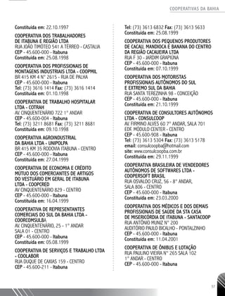 COOPERATIVAS DA BAHIA
..........................................................................................................
57
Constituída em: 22.10.1997
COOPERATIVA DOS TRABALHADORES
DE ITABUNA E REGIÃO LTDA
RUA JOÃO TIMÓTEO 541 A TÉRREO - CASTALIA
CEP - 45.600-­000 - Itabuna
Constituída em: 25.08.1998
COOPERATIVA DOS PROFISSIONAIS DE
MONTAGENS INDUSTRIAIS LTDA - COOPMIL
BR 415 KM 4 N° 2615 - RUA DE PALHA
CEP - 45.600-­000 - Itabuna
Tel: (73) 3616 1414 Fax: (73) 3616 1414
Constituída em: 01.10.1998
COOPERATIVA DE TRABALHO HOSPITALAR
LTDA - COTRAH
AV. CINQUENTENÁRIO 722 1° ANDAR
CEP - 45.600-­004 - Itabuna
Tel: (73) 3211 8681 Fax: (73) 3211 8681
Constituída em: 09.10.1998
COOPERATIVA AGROINDUSTRIAL
DA BAHIA LTDA - UNIPOLPA
BR 415 KM 35 RODOVIA ITABUNA - CENTRO
CEP - 45.600-­000 - Itabuna
Constituída em: 27.04.1999
COOPERATIVA DE ECONOMIA E CRÉDITO
MÚTUO DOS COMERCIANTES DE ARTIGOS
DO VESTUÁRIO EM GERAL DE ITABUNA
LTDA - COOPCRED
AV CINQUENTENÁRIO 829 - CENTRO
CEP - 45.600-­000 - Itabuna
Constituída em: 16.04.1999
COOPERATIVA DE REPRESENTANTES
COMERCIAIS DO SUL DA BAHIA LTDA -
COORCOMSULBA
AV. CINQUENTENÁRIO, 25 -­1° ANDAR
SALA 01 - CENTRO
CEP - 45.600-­000 - Itabuna
Constituída em: 05.08.1999
COOPERATIVA DE SERVIÇOS E TRABALHO LTDA
- COOLABOR
RUA DUQUE DE CAXIAS 159 - CENTRO
CEP - 45.600-­211 - Itabuna
Tel: (73) 3613 6832 Fax: (73) 3613 5633
Constituída em: 25.08.1999
COOPERATIVA DOS PEQUENOS PRODUTORES
DE CACAU, MANDIOCA E BANANA DO CENTRO
DA REGIÃO CACAUEIRA LTDA
RUA F 30 - JARDIM GRAPIÚNA
CEP - 45.600-­000 - Itabuna
Constituída em: 07.10.1999
COOPERATIVA DOS MOTORISTAS
PROFISSIONAIS AUTÔNOMOS DO SUL
E EXTREMO SUL DA BAHIA
RUA SANTA TEREZINHA 98 - CONCEIÇÃO
CEP - 45.600-­000 - Itabuna
Constituída em: 21.10.1999
COOPERATIVA DE CONSULTORES AUTÔNOMOS
LTDA - CONSULCOOP
AV. FIRMINO ALVES 60 7° ANDAR, SALA 701
EDF. MÓDULO CENTER - CENTRO
CEP - 45.600-­908 - Itabuna
Tel: (73) 3613 5304 Fax: (73) 3613 5178
email: consulcoopba@hotmail.com
site: www.consulcoopba.com.br
Constituída em: 29.11.1999
COOPERATIVA BRASILEIRA DE VENDEDORES
AUTÔNOMOS DE SOFTWARES LTDA -
COOPERSOFT BRASIL
RUA OSVALDO CRUZ, 56 -­8° ANDAR,
SALA 806 - CENTRO
CEP - 45.600-­000 - Itabuna
Constituída em: 23.03.2000
COOPERATIVA DOS MÉDICOS E DOS DEMAIS
PROFISSIONAIS DE SAÚDE DA STA CASA
DE MISERICÓRDIA DE ITABUNA - SANTACOOP
RUA ANTÔNIO MUNIZ N° 200
AUDITÓRIO PAULO BICALHO - PONTALZINHO
CEP - 45.600-­000 - Itabuna
Constituída em: 11.04.2001
COOPERATIVA DE ÔNIBUS E LOTAÇÃO
RUA PAULINO VIEIRA N° 265 SALA 102
1° ANDAR - CENTRO
CEP - 45.600-­000 - Itabuna
 