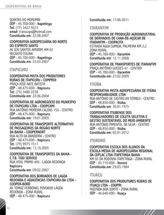 COOPERATIVAS DA BAHIA
..........................................................................................................
62
QUINTAS DO MORUMBI
CEP - 45.700-­000 - Itapetinga
Tel: (77) 3422 9223
email: transcops@hotmail.com
Constituída em: 22.08.2007
COOPERATIVA AGROPECUÁRIA DO NORTE
DO ESPÍRITO SANTO
AV. IZAI SANTOS AMORIM, KM 02
RECANTO COLINA
CEP - 45.700-­000 - Itapetinga
Constituída em: 23.03.2007
ITAPICURU
COOPERATIVA MISTA DOS PRODUTORES
RURAIS DE ITAPICURU - COMPROI
PRAÇA JOSÉ NATE BATISTA
CEP - 48.475-­000 - Itapicuru
Tel: (75) 3480 2238
Constituída em: 22.06.2004
COOPERATIVA DE AGRONEGÓCIO DO MUNICÍPIO
DE ITAPICURU LTDA - COOPCAMI
RUA ANTÔNIO MOREIRA CALDAS 155 - CENTRO
CEP - 48.475-­000 - Itapicuru
Constituída em: 19.01.2005
COOPERATIVA DE TRANSPORTE ALTERNATIVO
DE PASSAGEIROS DA REGIÃO NORTE
DA BAHIA - COOPERNORT
RUA ALTO DA BANDEIRA - CENTRO
CEP - 48.475-­000 - Itapicuru
Tel: (79) 9975 1517
Constituída em: 13.10.2005
COOPERATIVA DE TRANSPORTES DA BAHIA -
C.T.B. TÁXI SERVICE
RUA VITAL PRIMO 405 - LAGOA REDONDA
Itapicuru
Constituída em: 09.02.2007
COOPERATIVA DOS BORDADOS DE LAGOA
REDONDA E ADJACÊNCIAS ITAPICURU-­BA LTDA -
COOPER-­BORD
AV. TOMAZ FERBONIO, POVOADO LAGOA
REDONDA - ZONA RURAL
CEP - 48.475-­000 - Itapicuru
Constituída em: 17.06.2011
ITARANTIM
COOPERATIVA DE PRODUÇÃO AGROINDUSTRIAL
DE DERIVADOS DE CANA-­DE-­AÇÚCAR DE
ITARANTIM - COOPACITA
ESTRADA ÁGUA SUMIDA, PALMEIRA KM 2,2
ZONA RURAL
CEP - 45.780-­000 - Itarantim
Constituída em: 12.11.2008
COOPERATIVA DE TRANSPORTES DE ITARANTIM
PRAÇA ANTÔNIO GUEDES 41 - CENTRO
CEP - 45.780-­000 - Itarantim
Constituída em: 27.02.2009
ITIÚBA
COOPERATIVA MISTA AGROPECUÁRIA DE ITIÚBA
RESPONSABILIDADE LTDA
RUA ANTÔNIO DE CASTRO 89 TÉRREO - CENTRO
CEP - 48.850-­000 - Itiúba
Constituída em: 30.01.1975
COOPERATIVA ITIUBENSE DOS
TRABALHADORES DE COLETA SELETIVA E
GESTÃO SUSTENTÁVEL DO MEIO AMBIENTE
RUA ANTÔNIO PIMENTEL DA SILVA - CENTRO
CEP - 48.850-­000 - Itiúba
Constituída em: 02.01.2012
ITORORÓ
COOPERATIVA ESCOLA DOS ALUNOS DA
ESCOLA MÉDIA DE AGROPECUÁRIA REGIONAL
DA CEPLAC LTDA ITAPETINGA BAHIA
KM 02 DA RODOVIA ITAPETINGA - ZONA RURAL
CEP - 45.710-­000 - Itororó
Constituída em: 29.03.1984
ITUAÇU
COOPERATIVA DOS PRODUTORES RURAIS DE
ITUAÇU LTDA - COOPRI
FAZENDA BOA SORTE - ZONA RURAL
CEP - 46.640-­000 - Ituaçu
 