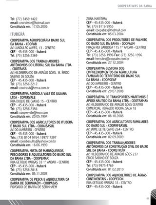 COOPERATIVAS DA BAHIA
..........................................................................................................
63
Tel: (77) 3459 1422
email: cnordeste@hotmail.com
Constituída em: 17.05.2006
ITUBERÁ
Cooperativa Agropecuária Baixo Sul
da Bahia - COOPAB
Av. Landulfo Alves, 13 - Centro
CEP - 45.435-000 - Ituberá
Tel: (73) 3256 2369
Cooperativa dos Trabalhadores
Autônomos do Litoral Sul da Bahia Ltda
- COOTRASB
Av. Hildebrando de Araújo Góes, B. Érico
Sabino de Souza
CEP - 45.435-000 - Ituberá
Tel: (73) 3256 2212
email: cootrasb@terra.com.br
COOPERATIVA AGRÍCOLA VALE DO JULIANA
LTDA - COPERVALE
RUA DUQUE DE CAXIAS 15 - CENTRO
CEP - 45.435-­000 - Ituberá
Tel: (73) 3256 2356
email: coopervale@msn.com
Constituída em: 20.05.1994
COOPERATIVA DOS AGRICULTORES DE ITUBERÁ
E BAIXO SUL LTDA - COOAIBASUL
AV. DO JAMBEIRO - CENTRO
CEP - 45.435-­000 - Ituberá
Tels: (73) 8104 9764 / 9977 7397
email: cooaibasulitu@yahoo.com.br
Constituída em: 16.06.1999
COOPERATIVA MISTA DE MARISQUEIROS,
PESCADORES E AQUICULTORES DO BAIXO SUL
DA BAHIA LTDA - COOPEMAR
RUA GETÚLIO VARGAS 33 1° ANDAR - CENTRO
CEP - 45.435-­000 - Ituberá
Tel: (73) 3256 2818
Constituída em: 05.11.2003
COOPERATIVA DE PESCA E AQUICULTURA DA
BARRA DE SERINHAÉM - COOPABAS
POVOADO DE BARRA DE SERINHAÉM
ZONA MARÍTIMA
CEP - 45.435-­000 - Ituberá
Tel: (73) 8116 9955
email: coopabas@hotmail.com
Constituída em: 05.03.2004
COOPERATIVA DOS PRODUTORES DE PALMITO
DO BAIXO SUL DA BAHIA - COOPALM
PRAÇA RUI BARBOSA 115 1° ANDAR - CENTRO
CEP - 45.435-­000 - Ituberá
Tel: (73) 3256 1996 Fax: (73) 3256 1996
email: hercules@coopalm.com.br
Constituída em: 27.12.2004
COOPERATIVA GESTORA DOS
EMPREENDIMENTOS DA AGRICULTURA
FAMILIAR DO TERRITÓRIO DO BAIXO SUL
DA BAHIA -­COOPGEAF
AV. DO JAMBEIRO - CENTRO
CEP - 45.435-­000 - Ituberá
Constituída em: 29.07.2008
COOPERATIVA DE TRANSPORTES MARÍTIMOS E
APOIO NÁUTICO DA BAHIA LTDA - COOTRAMAN
AV. HILDEBRANDO DE ARAÚJO GÓES CENTRO
COMERCIAL HERALDO ROCHA, SALA 18
CEP - 45.435-­000 - Ituberá
Constituída em: 08.10.2008
COOPERATIVA DOS AGRICULTORES FAMILIARES
DO BAIXO SUL - COOPAFBASUL
AV. JAIME LEITE CAIRO 264 - CENTRO
CEP - 45.435-­000 - Ituberá
Constituída em: 02.09.2009
COOPERATIVA DOS TRABALHADORES
AUTÔNOMOS DA CONSTRUÇÃO CIVIL DO BAIXO
SUL DA BAHIA - COONSTRUIR
AV. HILDEBRANDO DE ARAÚJO GÓES 237
ÉRICO SABINO DE SOUZA
CEP - 45.435-­000 - Ituberá
Tel: (73) 9975 4769
Constituída em: 01.02.2010
COOPERATIVA DOS AQUICULTORES DE ÁGUAS
CONTINENTAIS - COOPECON
RUA GETÚLIO VARGAS 33 - CENTRO
CEP - 45.435-000 - Ituberá
 