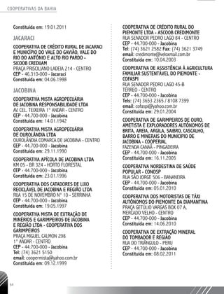 COOPERATIVAS DA BAHIA
..........................................................................................................
64
Constituída em: 19.01.2011
JACARACI
COOPERATIVA DE CRÉDITO RURAL DE JACARACI
E MUNICÍPIO DO VALE DO GAVIÃO, VALE DO
RIO DO ANTÔNIO E ALTO RIO PARDO -
SICOOB CREDIJAM
PRAÇA PRISCILIANO LADEIA 214 - CENTRO
CEP - 46.310-­000 - Jacaraci
Constituída em: 04.06.1998
JACOBINA
COOPERATIVA MISTA AGROPECUÁRIA
DE JACOBINA RESPONSABILIDADE LTDA
AV. CEL. TEIXEIRA 1° ANDAR - CENTRO
CEP - 44.700-­000 - Jacobina
Constituída em: 14.01.1942
COOPERATIVA MISTA AGROPECUÁRIA
DE OUROLÂNDIA LTDA
OUROLÂNDIA COMARCA DE JACOBINA - CENTRO
CEP - 44.700-­000 - Jacobina
Constituída em: 29.11.1990
COOPERATIVA APÍCOLA DE JACOBINA LTDA
KM 05 -­BR 324 - HORTO FLORESTAL
CEP - 44.700-­000 - Jacobina
Constituída em: 23.01.1996
COOPERATIVA DOS CATADORES DE LIXO
RECICLÁVEL DE JACOBINA E REGIÃO LTDA
RUA 15 DE NOVEMBRO N° 10 - SERRINHA
CEP - 44.700-­000 - Jacobina
Constituída em: 19.05.1997
COOPERATIVA MISTA DE EXTRAÇÃO DE
MINÉRIOS E GARIMPEIROS DE JACOBINA
E REGIÃO LTDA - COOPERATIVA DOS
GARIMPEIROS
PRAÇA MIGUEL CALMON 298
1° ANDAR - CENTRO
CEP - 44.700-­000 - Jacobina
Tel: (74) 3621 5150
email: coopermista@yahoo.com.br
Constituída em: 09.12.1999
COOPERATIVA DE CRÉDITO RURAL DO
PIEMONTE LTDA - ASCOOB CREDIMONTE
RUA SENADOR PEDRO LAGO 84 - CENTRO
CEP - 44.700-­000 - Jacobina
Tel: (74) 3621 2582 Fax: (74) 3621 3749
email: credimonte@veloxmail.com.br
Constituída em: 10.04.2003
COOPERATIVA DE ASSISTÊNCIA À AGRICULTURA
FAMILIAR SUSTENTÁVEL DO PIEMONTE -
COFASPI
RUA SENADOR PEDRO LAGO 45-­B
TÉRREO - CENTRO
CEP - 44.700-­000 - Jacobina
Tels: (74) 3653 2365 / 8108 7399
email: cofaspi@yahoo.com.br
Constituída em: 29.01.2004
COOPERATIVA DE GARIMPEIROS DE OURO,
AMETISTA E EXPLORADORES AUTÔNOMOS DE
BRITA, AREIA, ARGILA, SAIBRO, CASCALHO,
BARRO E MINERAIS DO MUNICIPIO DE
JACOBINA - COOPERJAL
FAZENDA CANAÃ - PINGADEIRA
CEP - 44.700-­000 - Jacobina
Constituída em: 16.11.2005
COOPERATIVA NORDESTINA DE SAÚDE
POPULAR - CONOSP
RUA SÃO JORGE 506 - BANANEIRA
CEP - 44.700-­000 - Jacobina
Constituída em: 05.01.2010
COOPERATIVA DOS MOTORISTAS DE TÁXI
AUTÔNOMOS DO PIEMONTE DA DIAMANTINA
PRAÇA GETÚLIO VARGAS BOX 07 A,
MERCADO VELHO - CENTRO
CEP - 44.700-­000 - Jacobina
Constituída em: 14.06.2010
COOPERATIVA DE EXTRAÇÃO MINERAL
DO TOMBADOR E REGIÃO
RUA DO TRIÂNGULO - PERU
CEP - 44.700-­000 - Jacobina
Constituída em: 08.02.2011
 
