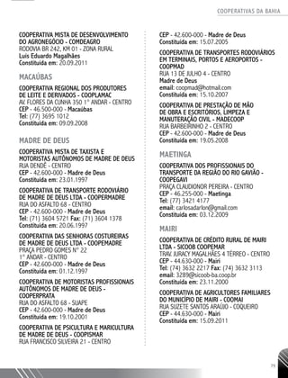COOPERATIVAS DA BAHIA
..........................................................................................................
79
COOPERATIVA MISTA DE DESENVOLVIMENTO
DO AGRONEGÓCIO - COMDEAGRO
RODOVIA BR 242, KM 01 - ZONA RURAL
Luís Eduardo Magalhães
Constituída em: 20.09.2011
MACAÚBAS
COOPERATIVA REGIONAL DOS PRODUTORES
DE LEITE E DERIVADOS - COOPLAMAC
AV. FLORES DA CUNHA 350 1° ANDAR - CENTRO
CEP - 46.500-­000 - Macaúbas
Tel: (77) 3695 1012
Constituída em: 09.09.2008
MADRE DE DEUS
COOPERATIVA MISTA DE TAXISTA E
MOTORISTAS AUTÔNOMOS DE MADRE DE DEUS
RUA DENDÊ - CENTRO
CEP - 42.600-­000 - Madre de Deus
Constituída em: 23.01.1997
COOPERATIVA DE TRANSPORTE RODOVIÁRIO
DE MADRE DE DEUS LTDA - COOPERMADRE
RUA DO ASFALTO 68 - CENTRO
CEP - 42.600-­000 - Madre de Deus
Tel: (71) 3604 5721 Fax: (71) 3604 1378
Constituída em: 20.06.1997
COOPERATIVA DAS SENHORAS COSTUREIRAS
DE MADRE DE DEUS LTDA - COOPEMADRE
PRAÇA PEDRO GOMES N° 22
1° ANDAR - CENTRO
CEP - 42.600-­000 - Madre de Deus
Constituída em: 01.12.1997
COOPERATIVA DE MOTORISTAS PROFISSIONAIS
AUTÔNOMOS DE MADRE DE DEUS -
COOPERPRATA
RUA DO ASFALTO 68 - SUAPE
CEP - 42.600-­000 - Madre de Deus
Constituída em: 19.10.2001
COOPERATIVA DE PSICULTURA E MARICULTURA
DE MADRE DE DEUS - COOPISMAR
RUA FRANCISCO SILVEIRA 21 - CENTRO
CEP - 42.600-­000 - Madre de Deus
Constituída em: 15.07.2005
COOPERATIVA DE TRANSPORTES RODOVIÁRIOS
EM TERMINAIS, PORTOS E AEROPORTOS -
COOPMAD
RUA 13 DE JULHO 4 - CENTRO
Madre de Deus
email: coopmad@hotmail.com
Constituída em: 15.10.2007
COOPERATIVA DE PRESTAÇÃO DE MÃO
DE OBRA E ESCRITÓRIOS, LIMPEZA E
MANUTERAÇÃO CIVIL -­MADECOOP
RUA BARBEIRINHO 2 - CENTRO
CEP - 42.600-­000 - Madre de Deus
Constituída em: 19.05.2008
MAETINGA
Cooperativa dos Profissionais do
Transporte da Região do Rio Gavião -
COOPEGAVI
Praça Claudionor Pereira - Centro
CEP - 46.255-000 - Maetinga
Tel: (77) 3421 4177
email: carlosadarlon@gmail.com
Constituída em: 03.12.2009
MAIRI
COOPERATIVA DE CRÉDITO RURAL DE MAIRI
LTDA - SICOOB COOPEMAR
TRAV. JURACY MAGALHÃES 4 TÉRREO - CENTRO
CEP - 44.630-­000 - Mairi
Tel: (74) 3632 2217 Fax: (74) 3632 3113
email: 3289@sicoob-­ba.coop.br
Constituída em: 23.11.2000
COOPERATIVA DE AGRICULTORES FAMILIARES
DO MUNICÍPIO DE MAIRI - COOMAI
RUA SUZETE SANTOS ARAÚJO - COQUEIRO
CEP - 44.630-­000 - Mairi
Constituída em: 15.09.2011
 