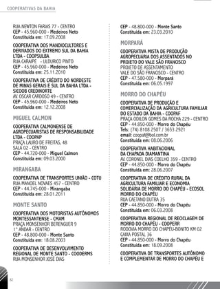 COOPERATIVAS DA BAHIA
..........................................................................................................
82
RUA NEWTON FARIAS 77 - CENTRO
CEP - 45.960-000 - Medeiros Neto
Constituída em: 17.09.2008
COOPERATIVA DOS MANDIOCULTORES E
DERIVADOS DO EXTREMO SUL DA BAHIA
LTDA - COOPSULBA
RUA CARAIPE - ULDURICO PINTO
CEP - 45.960-000 - Medeiros Neto
Constituída em: 25.11.2010
COOPERATIVA DE CRÉDITO DO NORDESTE
DE MINAS GERAIS E SUL DA BAHIA LTDA -
SICOOB CREDINORTE
AV. OSCAR CARDOSO 49 - CENTRO
CEP - 45.960-­000 - Medeiros Neto
Constituída em: 12.12.2008
MIGUEL CALMON
COOPERATIVA CALMONENSE DE
AGROPECUARISTAS DE RESPONSABILIDADE
LTDA - COOPAP
PRAÇA LAURO DE FREITAS, 48
SALA 02 - CENTRO
CEP - 44.720-000 - Miguel Calmon
Constituída em: 09.03.2000
MIRANGABA
COOPERATIVA DE TRANSPORTES UNIÃO - COTU
RUA MANOEL NOVAES 457 - CENTRO
CEP - 44.745-­000 - Mirangaba
Constituída em: 28.01.2011
MONTE SANTO
COOPERATIVA DOS MOTORISTAS AUTÔNOMOS
MONTESSANTENSE - CMAM
PRAÇA MONSENHOR BERENGUER 9
1° ANDAR - CENTRO
CEP - 48.800-­000 - Monte Santo
Constituída em: 18.08.2003
COOPERATIVA DE DESENVOLVIMENTO
REGIONAL DE MONTE SANTO - COODERMS
RUA MONSENHOR JOSÉ DIAS
CEP - 48.800-­000 - Monte Santo
Constituída em: 23.03.2010
MORPARÁ
COOPERATIVA MISTA DE PRODUÇÃO
AGROPECUÁRIA DOS ASSENTADOS NO
PROJETO DO VALE SÃO FRANCISCO
PROJETO DE ASSENTAMENTO
VALE DO SÃO FRANCISCO - CENTRO
CEP - 47.580-­000 - Morpará
Constituída em: 06.05.1997
MORRO DO CHAPÉU
COOPERATIVA DE PRODUÇÃO E
COMERCIALIZAÇÃO DA AGRICULTURA FAMILIAR
DO ESTADO DA BAHIA - COOPAF
PRAÇA ODILON GOMES DA ROCHA 229 - CENTRO
CEP - 44.850-­000 - Morro do Chapéu
Tels: (74) 8108 2507 / 3653 2921
email: coopaf@bol.com.br
Constituída em: 08.06.2006
COOPERATIVA HABITACIONAL
DA CHAPADA DIAMANTINA
AV. CORONEL DIAS COELHO 359 - CENTRO
CEP - 44.850-­000 - Morro do Chapéu
Constituída em: 28.06.2007
COOPERATIVA DE CRÉDITO RURAL DA
AGRICULTURA FAMILIAR E ECONOMIA
SOLIDÁRIA DE MORRO DO CHAPÉU -­ECOSOL
MORRO DO CHAPÉU
RUA CAETANO DUTRA 35
CEP - 44.850-­000 - Morro do Chapéu
Constituída em: 06.03.2008
COOPERATIVA REGIONAL DE RECICLAGEM DE
MORRO DO CHAPÉU - COOPERR
RODOVIA MORRO DO CHAPÉU-BONITO KM 02
CAIXA POSTAL 36
CEP - 44.850-­000 - Morro do Chapéu
Constituída em: 18.09.2008
COOPERATIVA DE TRANSPORTES AUTÔNOMO
E COMPLEMENTAR DE MORRO DO CHAPÉU E
 
