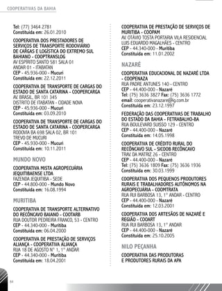COOPERATIVAS DA BAHIA
..........................................................................................................
84
Tel: (77) 3464 2781
Constituída em: 26.01.2010
COOPERATIVA DOS PRESTADORES DE
SERVIÇOS DE TRANSPORTE RODOVIÁRIO
DE CARGAS E LOGÍSTICA DO EXTREMO SUL
BAHIANO - COOPTRANSLOG
AV ESPÍRITO SANTO 581 SALA 01
ANDAR 01 - ITABATAN
CEP - 45.936-­000 - Mucuri
Constituída em: 22.12.2011
COOPERATIVA DE TRANSPORTE DE CARGAS DO
ESTADO DE SANTA CATARINA - COOPERCARGA
AV. BRASIL, BR 101 345
DISTRITO DE ITABATAN - CIDADE NOVA
CEP - 45.936-­000 - Mucuri
Constituída em: 03.09.2010
COOPERATIVA DE TRANSPORTE DE CARGAS DO
ESTADO DE SANTA CATARINA - COOPERCARGA
RODOVIA BA 698 SALA 02, BR 101
TREVO DE MUCURI
CEP - 45.930-­000 - Mucuri
Constituída em: 10.11.2011
MUNDO NOVO
COOPERATIVA MISTA AGROPECUÁRIA
JEQUITIBAENSE LTDA
FAZENDA JEQUITIBA - SEDE
CEP - 44.800-­000 - Mundo Novo
Constituída em: 16.08.1994
MURITIBA
COOPERATIVA DE TRANSPORTE ALTERNATIVO
DO RECÔNCAVO BAIANO - COOTARB
RUA DOUTOR PEDREIRA FRANCO, 53 - CENTRO
CEP - 44.340-­000 - Muritiba
Constituída em: 06.04.2000
COOPERATIVA DE PRESTAÇÃO DE SERVIÇOS
ALIANÇA - COOPERATIVA ALIANÇA
RUA 18 DE AGOSTO N° 1, 1° ANDAR
CEP - 44.340-­000 - Muritiba
Constituída em: 18.04.2001
COOPERATIVA DE PRESTAÇÃO DE SERVIÇOS DE
MURITIBA - COOPAM
AV. OTÁVIO TOSTA PORTARIA VILA RESIDENCIAL
LUIS EDUARDO MAGALHÃES - CENTRO
CEP - 44.340-­000 - Muritiba
Constituída em: 11.01.2002
NAZARÉ
COOPERATIVA EDUCACIONAL DE NAZARÉ LTDA
- COOPENAZA
RUA PADRE ANTUNES 140 - CENTRO
CEP - 44.400-­000 - Nazaré
Tel: (75) 3636 3827 Fax: (75) 3636 1772
email: cooperativanazare@ig.com.br
Constituída em: 23.12.1997
FEDERAÇÃO DAS COOPERATIVAS DE TRABALHO
DO ESTADO DA BAHIA - FETRABALHO-BA
RUA BOULEVARD SUISSO 129 - CENTRO
CEP - 44.400-­000 - Nazaré
Constituída em: 14.05.1998
COOPERATIVA DE CRÉDITO RURAL DO
RECÔNCAVO SUL - SICOOB RECÔNCAVO
TRAV. DA MATRIZ 26 - CENTRO
CEP - 44.400-­000 - Nazaré
Tel: (75) 3636 1809 Fax: (75) 3636 1936
Constituída em: 30.03.1999
COOPERATIVA DOS PEQUENOS PRODUTORES
RURAIS E TRABALHADORES AUTÔNOMOS NA
AGROPECUÁRIA - COOMTRATA
RUA RUI BARBOSA 13, 1° ANDAR - CENTRO
CEP - 44.400-­000 - Nazaré
Constituída em: 12.03.2001
COOPERATIVA DOS ARTESÃOS DE NAZARÉ E
REGIÃO - COOART
RUA RUI BARBOSA 13, 1° ANDAR
CEP - 44.400-­000 - Nazaré
Constituída em: 25.10.2005
NILO PEÇANHA
COOPERATIVA DAS PRODUTORAS
E PRODUTORES RURAIS DA APA
 