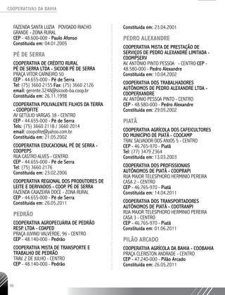 COOPERATIVAS DA BAHIA
..........................................................................................................
88
FAZENDA SANTA LUZIA POVOADO RIACHO
GRANDE - ZONA RURAL
CEP - 48.600-­000 - Paulo Afonso
Constituída em: 04.01.2005
PÉ DE SERRA
COOPERATIVA DE CRÉDITO RURAL
PÉ DE SERRA LTDA - SICOOB PÉ DE SERRA
PRAÇA VITOR CARNEIRO 50
CEP - 44.655-­000 - Pé de Serra
Tel: (75) 3660 2155 Fax: (75) 3660 2126
email: gerente.3248@sicoob-­ba.coop.br
Constituída em: 26.11.1998
COOPERATIVA POLIVALENTE FILHOS DA TERRA
- COOPOFITE
AV GETÚLIO VARGAS 38 - CENTRO
CEP - 44.655-000 - Pé de Serra
Tels: (75) 3660 2118 / 3660 2014
email: coopofite@yahoo.com.br
­Constituída em: 21.05.2002
COOPERATIVA EDUCACIONAL PÉ DE SERRA -
COOPEPS
RUA CASTRO ALVES - CENTRO
CEP - 44.655-­000 - Pé de Serra
Tel: (75) 3660 2176
Constituída em: 23.02.2006
COOPERATIVA REGIONAL DOS PRODUTORES DE
LEITE E DERIVADOS - COOP. PÉ DE SERRA
FAZENDA CAJAZEIRA DOCE - ZONA RURAL
CEP - 44.655-­000 - Pé de Serra
Constituída em: 26.05.2011
PEDRÃO
Cooperativa Agropecuária de Pedrão
Resp. Ltda - COAPED
Praça Juvino Valverde, 96 - Centro
CEP - 48.140-000 - Pedrão
COOPERATIVA MISTA DE TRANSPORTE E
TRABALHO DE PEDRÃO
TRAV. 2 DE JULHO - CENTRO
CEP - 48.140-­000 - Pedrão
Constituída em: 23.04.2001
PEDRO ALEXANDRE
COOPERATIVA MISTA DE PRESTAÇÃO DE
SERVIÇOS DE PEDRO ALEXANDRE LIMITADA -
COOMPSERV
AV. ANTÔNIO PINTO PESSOA - CENTRO CEP -
48.580-­000 - Pedro Alexandre
Constituída em: 10.04.2002
COOPERATIVA DOS TRABALHADORES
AUTÔNOMOS DE PEDRO ALEXANDRE LTDA -
COOPERXANDRE
AV. ANTÔNIO PESSOA PINTO - CENTRO
CEP - 48.580-­000 - Pedro Alexandre
Constituída em: 29.05.2002
PIATÃ
COOPERATIVA AGRÍCOLA DOS CAFEICULTORES
DO MUNICÍPIO DE PIATÃ - COOCAMP
TRAV. SALVADOR DOS ANJOS 5 - CENTRO
CEP - 46.765-­970 - Piatã
Tel: (77) 3479 2364
Constituída em: 13.03.2003
COOPERATIVA DOS PROFISSIONAIS
AUTÔNOMOS DE PIATÃ - COOPRAPI
RUA MAJOR TELESPHORO HERMINIO PEREIRA
CASA 2 - CENTRO
CEP - 46.765-­970 - Piatã
Constituída em: 14.04.2011
COOPERATIVA DOS TRANSPORTADORES
AUTÔNOMOS DE PIATÃ - COOTRANPI
RUA MAJOR TELESPHORO HERMINIO PEREIRA
CASA 3 - CENTRO
CEP - 46.765-­970 - Piatã
Constituída em: 01.06.2011
PILÃO ARCADO
COOPERATIVA AGRÍCOLA DA BAHIA - COOBAHIA
PRAÇA CLERISTON ANDRADE - CENTRO
CEP - 47.240-­000 - Pilão Arcado
Constituída em: 26.05.2011
 