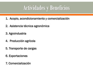1. Acopio, acondicionamiento y comercialización

2. Asistencia técnica agronómica

3. Agroindustria

4. Producción agrícola

5. Transporte de cargas

6. Exportaciones

7. Comercialización
 
