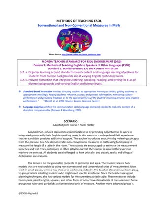 METHODS OF TEACHING ESOL
Conventional and Non-Conventional Measures in Math

Photo Source: http://www.ct4me.net/math_resources.htm

FLORIDA TEACHER STANDARDS FOR ESOL ENDORSEMENT (2010)
Domain 3: Methods of Teaching English to Speakers of Other Languages (ESOL)
Standard 2: Standards-Based ESL and Content Instruction
3.2. a. Organize learning around standards-based content and language learning objectives for
students from diverse backgrounds and at varying English proficiency levels.
3.2. k. Provide instruction that integrates listening, speaking, reading, and writing for ELLs of
diverse backgrounds and varying English proficiency levels.
 Standard-based instruction involves directing students to appropriate learning activities; guiding students to
appropriate knowledge; helping students rehearse, encode, and process information; monitoring student
performance; and providing feedback as to the appropriateness of the student's learning activities and practice
performance."
~Merrill, et al, 1999 (Source: Beacon Learning Center)
 Language objectives define the communication skills (language domains) needed to make the content of a
discipline comprehensible (Rohwer & Wandberg, 2005).

SCENARIO
Adapted from Gloria T. Poole (2010)
A model ESOL-infused classroom accommodates ELs by providing opportunities to work in
integrated groups with their English-speaking peers. In this scenario, a college-level field experience
teacher candidate provides additional support. The teacher introduces an activity by reviewing concepts
from the previous day. She demonstrates non-conventional measures in math using hand spans to
measure the length of a table in the room. The students are encouraged to estimate the measurement
in inches and feet. They participate in other activities so that the teacher is assured that everyone
masters the concept. All students are challenged to think critically, and visuals, realia, and bilingual
dictionaries are available.
The lesson is on the geometric concepts of perimeter and area. The students create floor
models that are measurable by using non-conventional and conventional units of measurement. Most
work in small groups, while a few choose to work independently. The teacher plans to move from groupto-group before selecting students who might need specific assistance. Since the teacher uses good
planning techniques, she has various models for measurement at each table. These measures include
hand-spans, pencil lengths, squares, and other forms of non-conventional units of measurement. Some
groups use rulers and yardsticks as conventional units of measure. Another more advanced group is
@ESOLinHigherEd

 