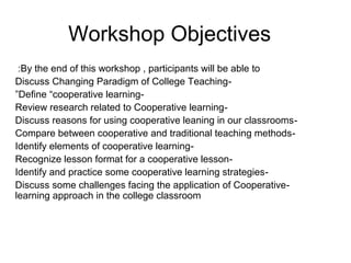 Workshop Objectives
 :By the end of this workshop , participants will be able to
Discuss Changing Paradigm of College Teaching-
”Define “cooperative learning-
Review research related to Cooperative learning-
Discuss reasons for using cooperative leaning in our classrooms -
Compare between cooperative and traditional teaching methods -
Identify elements of cooperative learning-
Recognize lesson format for a cooperative lesson-
Identify and practice some cooperative learning strategies-
Discuss some challenges facing the application of Cooperative -
learning approach in the college classroom
 