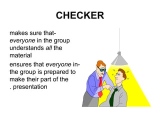 CHECKER
makes sure that-
everyone in the group
understands all the
material
ensures that everyone in-
the group is prepared to
make their part of the
. presentation
 