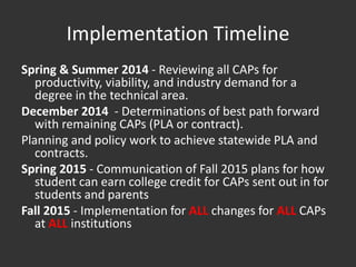 Implementation Timeline
Spring & Summer 2014 - Reviewing all CAPs for
productivity, viability, and industry demand for a
degree in the technical area.
December 2014 - Determinations of best path forward
with remaining CAPs (PLA or contract).
Planning and policy work to achieve statewide PLA and
contracts.
Spring 2015 - Communication of Fall 2015 plans for how
student can earn college credit for CAPs sent out in for
students and parents
Fall 2015 - Implementation for ALL changes for ALL CAPs
at ALL institutions
 