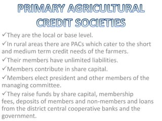 They are the local or base level.
In rural areas there are PACs which cater to the short
and medium term credit needs of the farmers.
Their members have unlimited liabilities.
Members contribute in share capital.
Members elect president and other members of the
managing committee.
They raise funds by share capital, membership
fees, deposits of members and non-members and loans
from the district central cooperative banks and the
government.
 