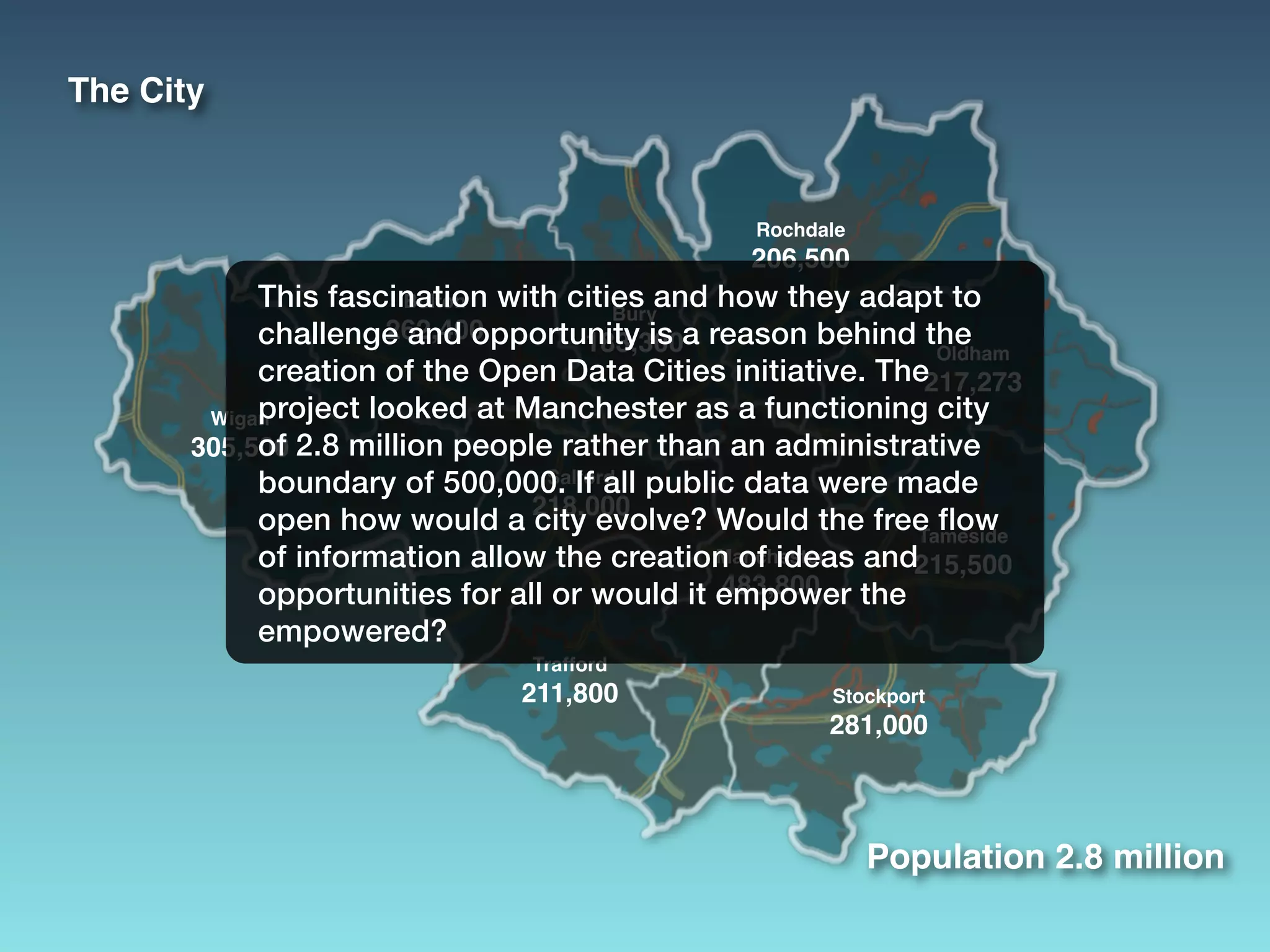 Rochdale
206,500
Oldham
217,273
Tameside
215,500
Stockport
281,000
Manchester
483,800
Trafford
211,800
Salford
218,000
Wigan
305,500
Bolton
262,400
Bury
183,300
The City
Population 2.8 million
This fascination with cities and how they adapt to
challenge and opportunity is a reason behind the
creation of the Open Data Cities initiative. The
project looked at Manchester as a functioning city
of 2.8 million people rather than an administrative
boundary of 500,000. If all public data were made
open how would a city evolve? Would the free flow
of information allow the creation of ideas and
opportunities for all or would it empower the
empowered?
 
