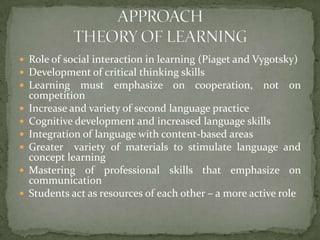 Role of social interaction in learning (Piaget and Vygotsky)Development of critical thinking skillsLearning must emphasize on cooperation, not on competitionIncrease and variety of second language practiceCognitive development and increased language skillsIntegration of language with content-based areasGreater  variety of materials to stimulate language and concept learningMastering of professional skills that emphasize on communicationStudents act as resources of each other – a more active roleAPPROACHTHEORY OF LEARNING