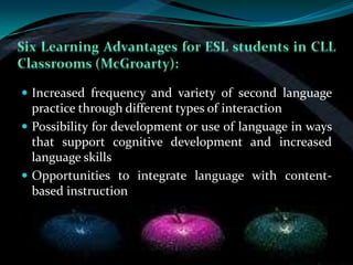  Increased frequency and variety of second language
  practice through different types of interaction
 Possibility for development or use of language in ways
  that support cognitive development and increased
  language skills
 Opportunities to integrate language with content-
  based instruction
 