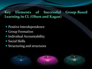  Positive Interdependence
 Group Formation
 Individual Accountability
 Social Skills
 Structuring and structures
 