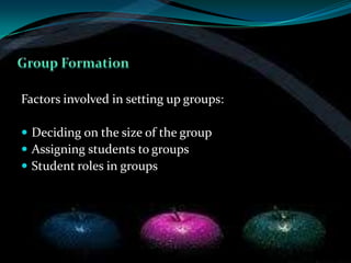 Factors involved in setting up groups:

 Deciding on the size of the group
 Assigning students to groups
 Student roles in groups
 