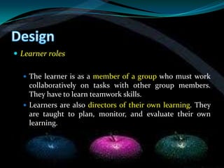  Learner roles

   The learner is as a member of a group who must work
    collaboratively on tasks with other group members.
    They have to learn teamwork skills.
   Learners are also directors of their own learning. They
    are taught to plan, monitor, and evaluate their own
    learning.
 