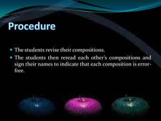  The students revise their compositions.
 The students then reread each other’s compositions and
  sign their names to indicate that each composition is error-
  free.
 
