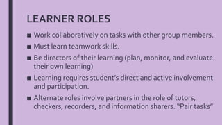 LEARNER ROLES
■ Work collaboratively on tasks with other group members.
■ Must learn teamwork skills.
■ Be directors of their learning (plan, monitor, and evaluate
their own learning)
■ Learning requires student’s direct and active involvement
and participation.
■ Alternate roles involve partners in the role of tutors,
checkers, recorders, and information sharers. “Pair tasks”
 
