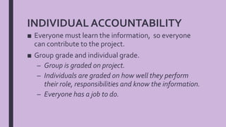■ Everyone must learn the information, so everyone
can contribute to the project.
■ Group grade and individual grade.
– Group is graded on project.
– Individuals are graded on how well they perform
their role, responsibilities and know the information.
– Everyone has a job to do.
INDIVIDUAL ACCOUNTABILITY
 