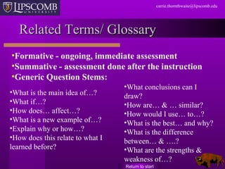 Related Terms/ Glossary Return to start Formative - ongoing, immediate assessment  Summative - assessment done after the instruction  Generic Question Stems: What is the main idea of…? What if…? How does… affect…? What is a new example of…? Explain why or how…? How does this relate to what I learned before? What conclusions can I draw? How are… & … similar? How would I use… to…? What is the best… and why? What is the difference between… & ….? What are the strengths & weakness of…? 