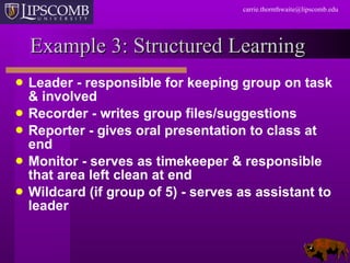 Example 3: Structured Learning  Leader - responsible for keeping group on task & involved Recorder - writes group files/suggestions Reporter - gives oral presentation to class at end Monitor - serves as timekeeper & responsible that area left clean at end Wildcard (if group of 5) - serves as assistant to leader 