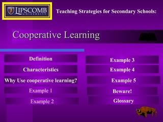 Cooperative Learning Definition Characteristics Why Use cooperative learning? Example 1 Teaching Strategies for Secondary Schools: Glossary Example 3 Beware! Example 4 Example 5 Example 2 