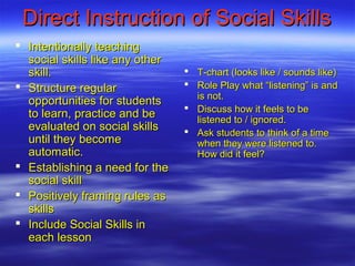 Direct Instruction of Social Skills
 Intentionally teaching
  social skills like any other
  skill.                          T-chart (looks like / sounds like)
 Structure regular               Role Play what “listening” is and
                                   is not.
  opportunities for students
                                  Discuss how it feels to be
  to learn, practice and be        listened to / ignored.
  evaluated on social skills      Ask students to think of a time
  until they become                when they were listened to.
  automatic.                       How did it feel?
 Establishing a need for the
  social skill
 Positively framing rules as
  skills
 Include Social Skills in
  each lesson
 