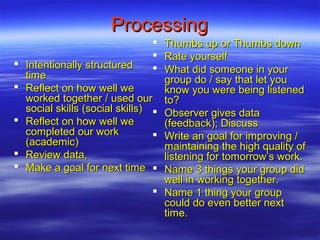 Processing
                                   Thumbs up or Thumbs down
                                   Rate yourself
 Intentionally structured         What did someone in your
  time                              group do / say that let you
 Reflect on how well we            know you were being listened
  worked together / used our        to?
  social skills (social skills)    Observer gives data
 Reflect on how well we            (feedback); Discuss
  completed our work               Write an goal for improving /
  (academic)                        maintaining the high quality of
 Review data,                      listening for tomorrow’s work.
 Make a goal for next time        Name 3 things your group did
                                    well in working together.
                                   Name 1 thing your group
                                    could do even better next
                                    time.
 