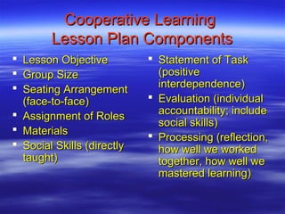 Cooperative Learning
        Lesson Plan Components
 Lesson Objective           Statement of Task
 Group Size                  (positive
                              interdependence)
 Seating Arrangement
  (face-to-face)             Evaluation (individual
 Assignment of Roles         accountability; include
                              social skills)
 Materials
                             Processing (reflection,
 Social Skills (directly     how well we worked
  taught)                     together, how well we
                              mastered learning)
 